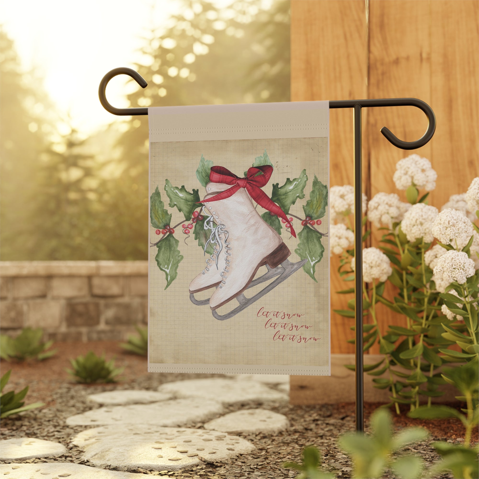 Let It Snow Vintage Ice Skates Christmas Garden Flag 12x18 – Old Money Heritage Winter Yard Decor