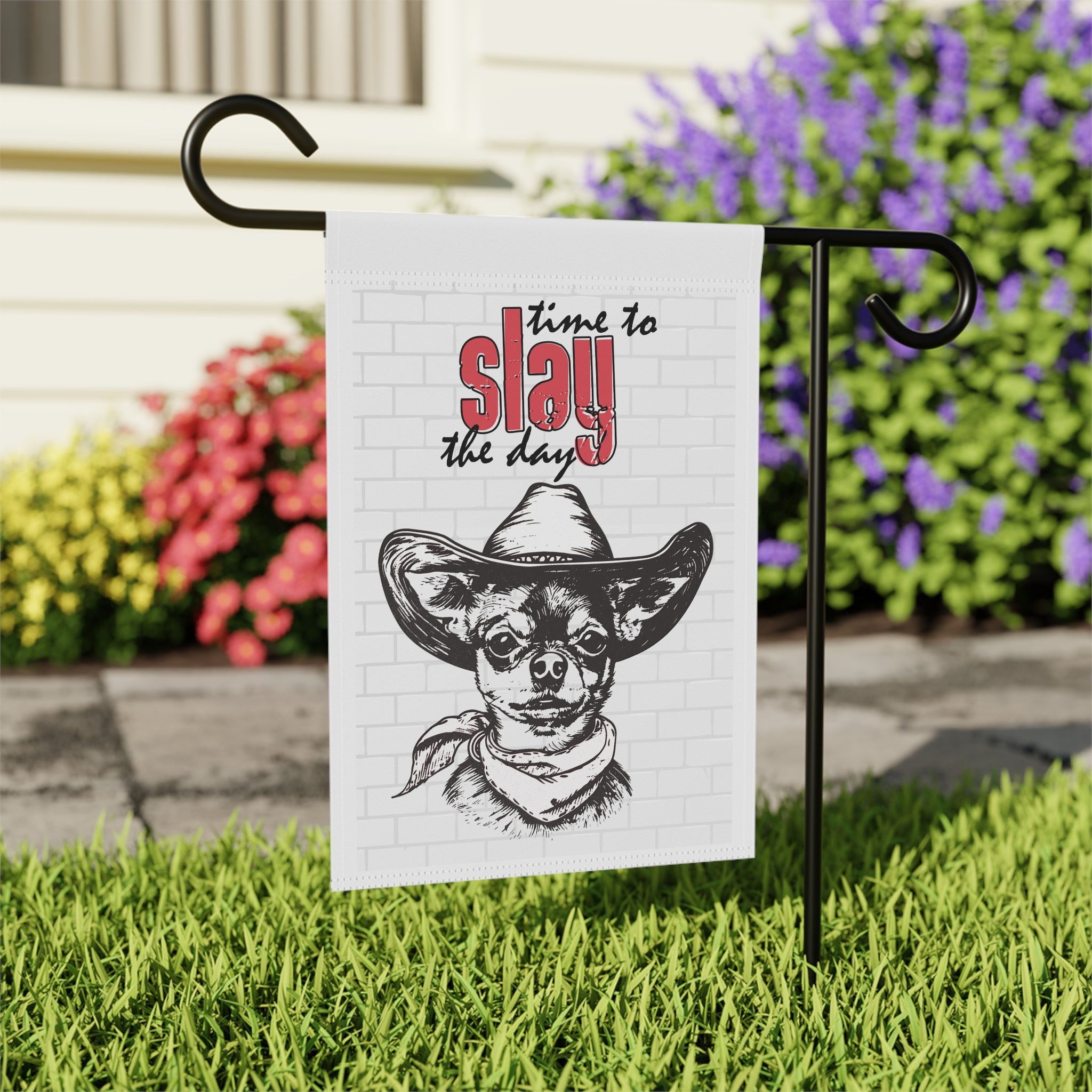 Close-up of Time to Slay the Day Chihuahua garden flag with hand-sketched cowboy detail