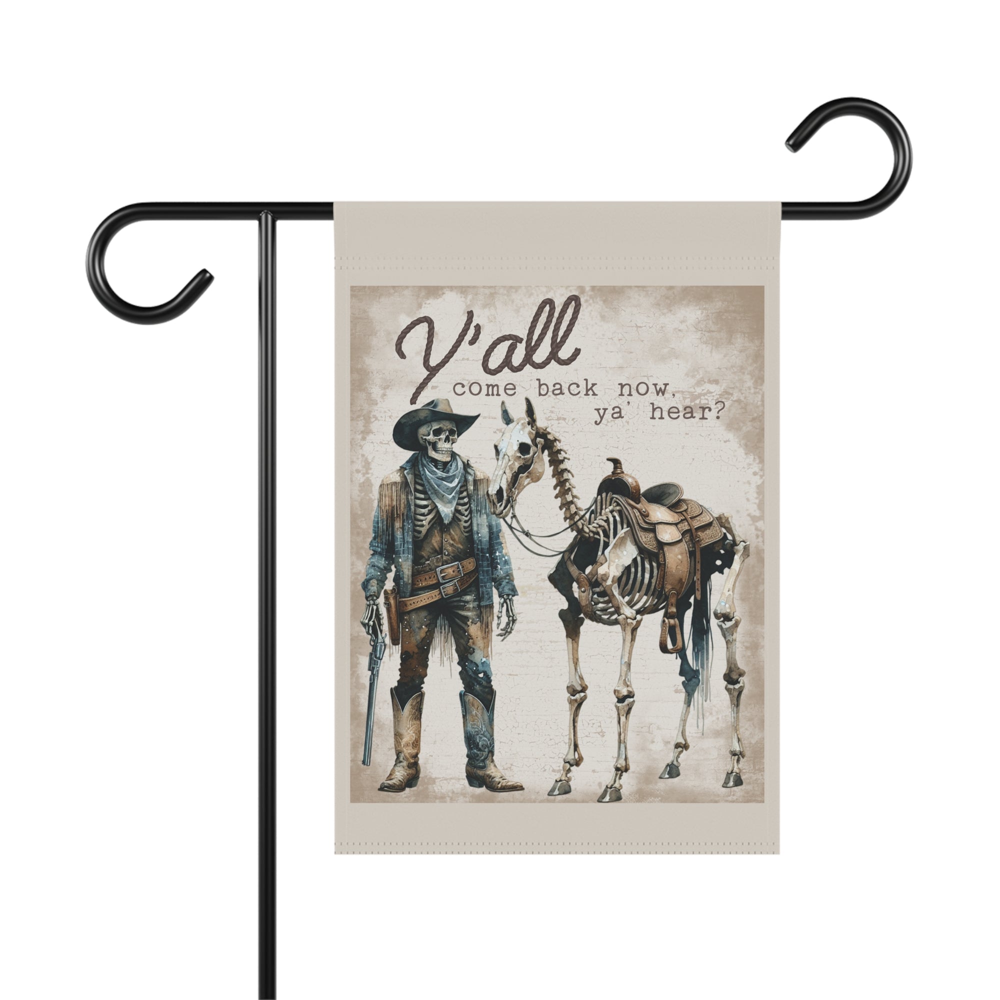 Y'all Come Back Now western skeleton garden flag with country cowboy Halloween design