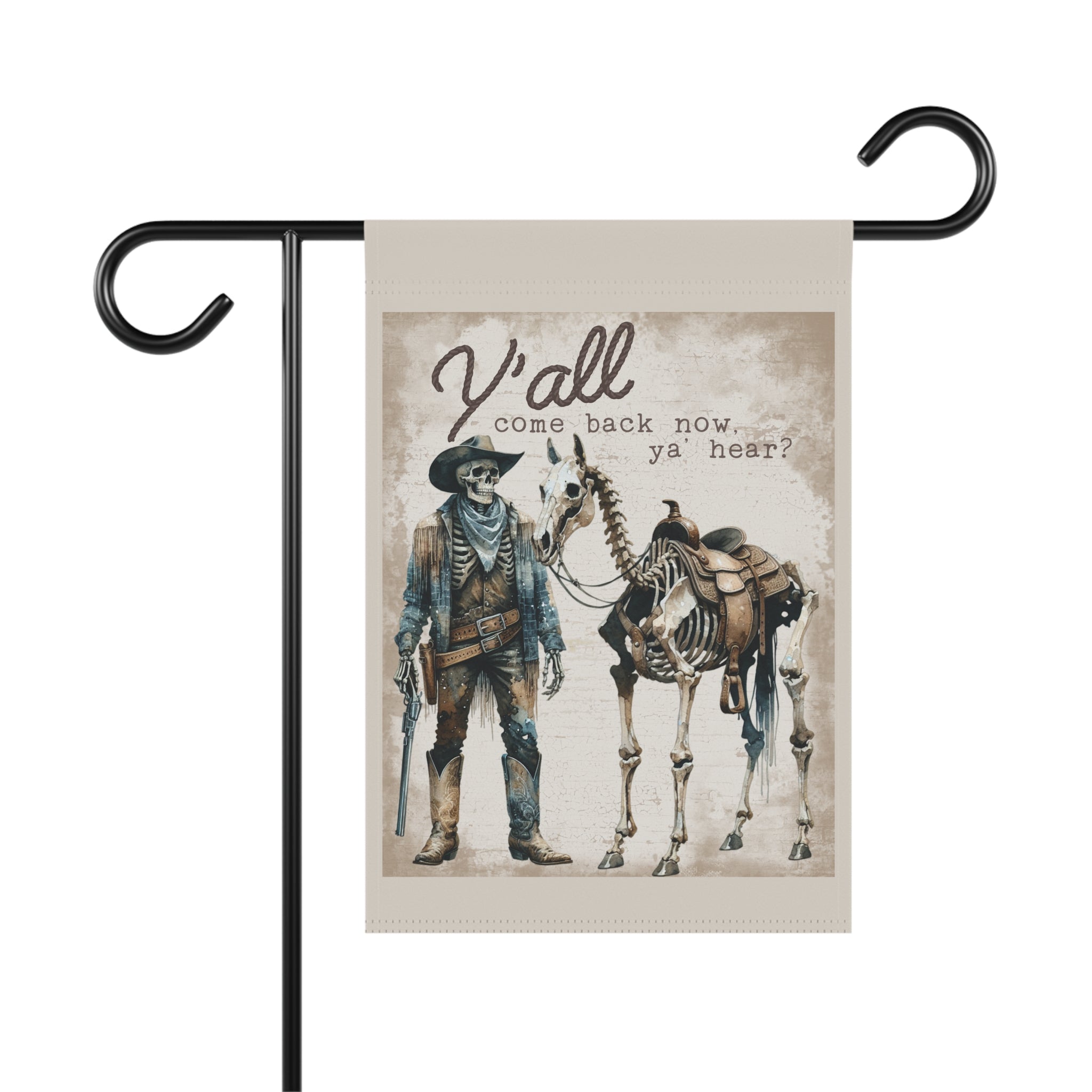Y'all Come Back Now western skeleton garden flag with country cowboy Halloween design