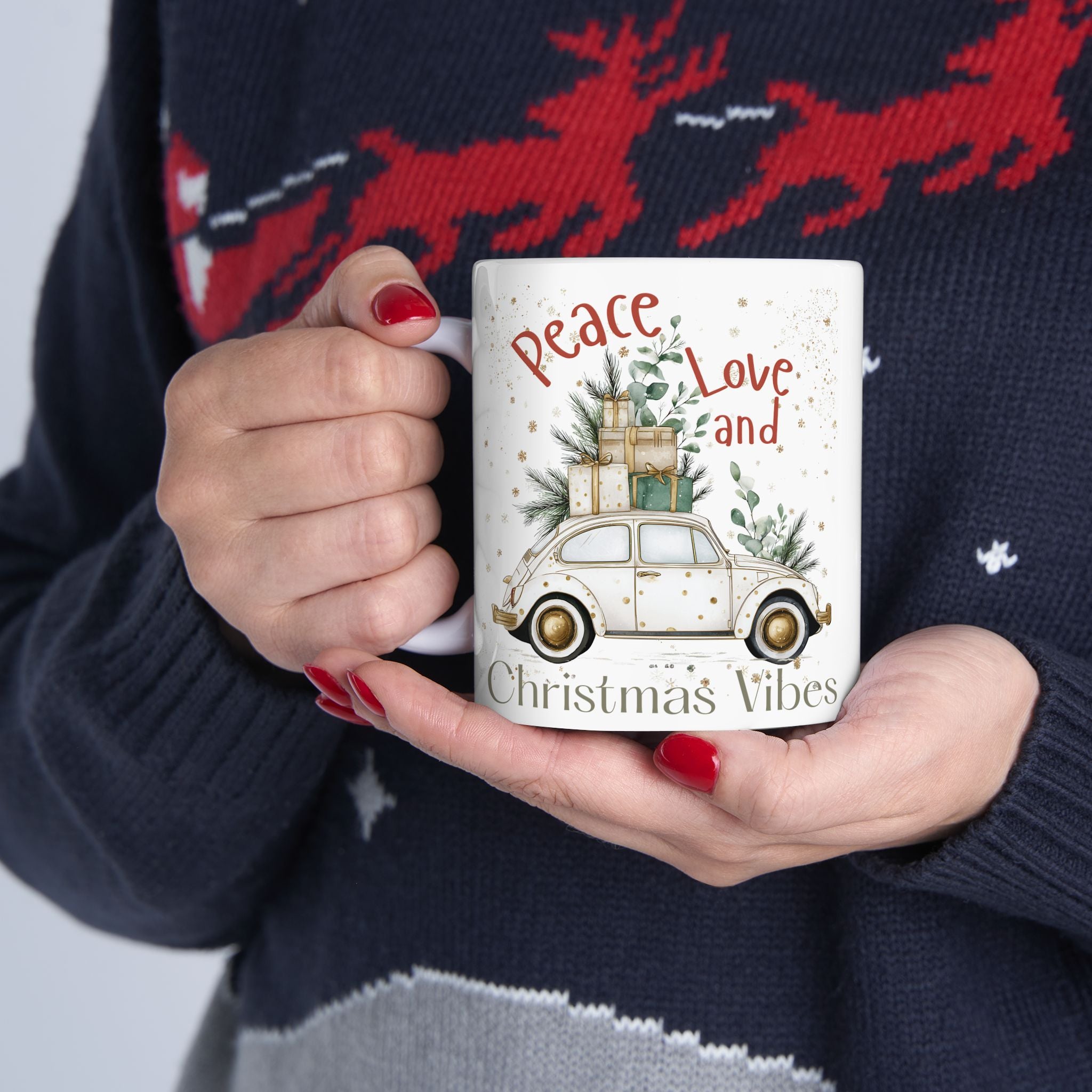 Peace Love and Christmas Vibes Holiday Mug Ceramic Coffee Cup (11oz/15oz)