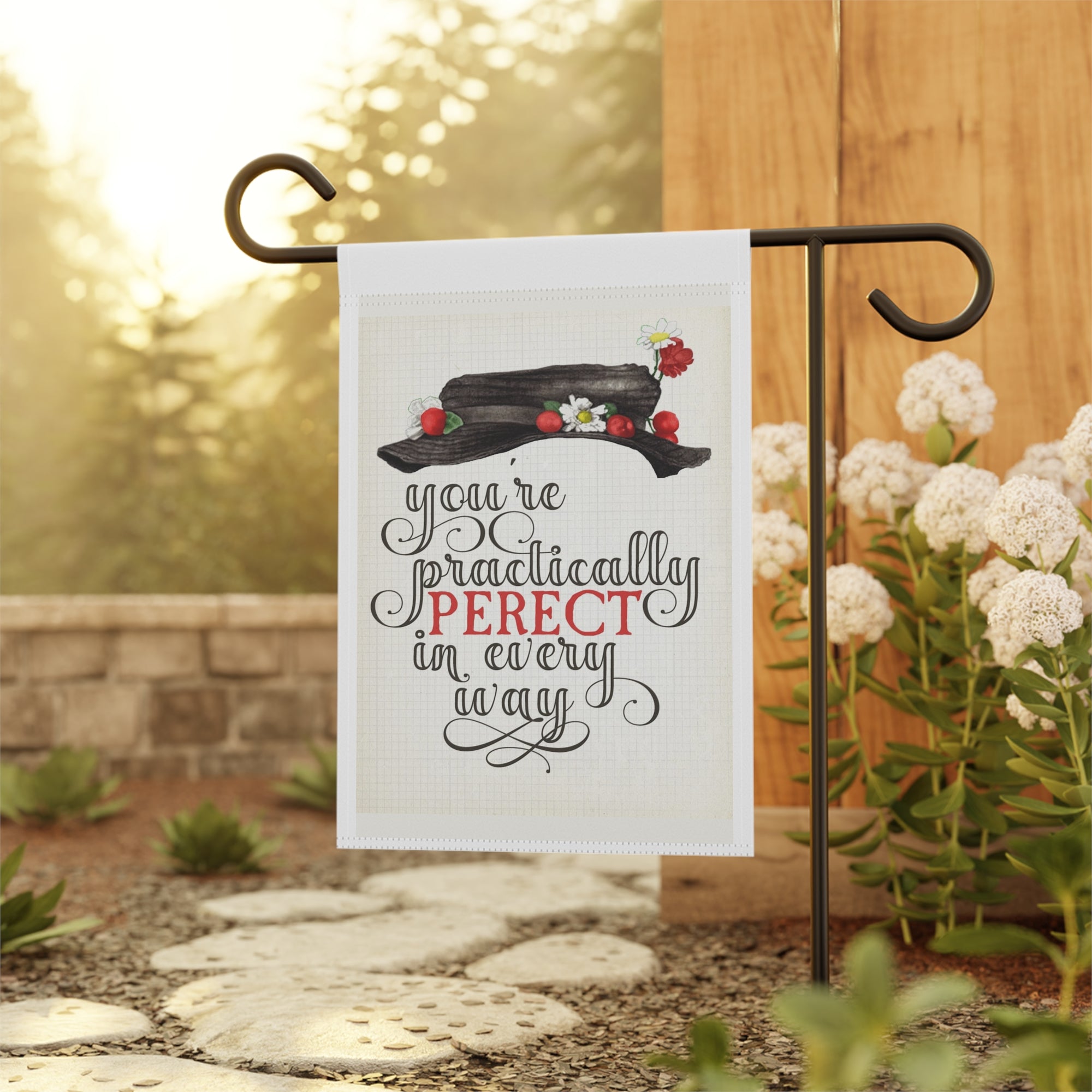 Happy Practically Perfect Garden Flag 12x18 – Vintage Musical Family Yard Decor