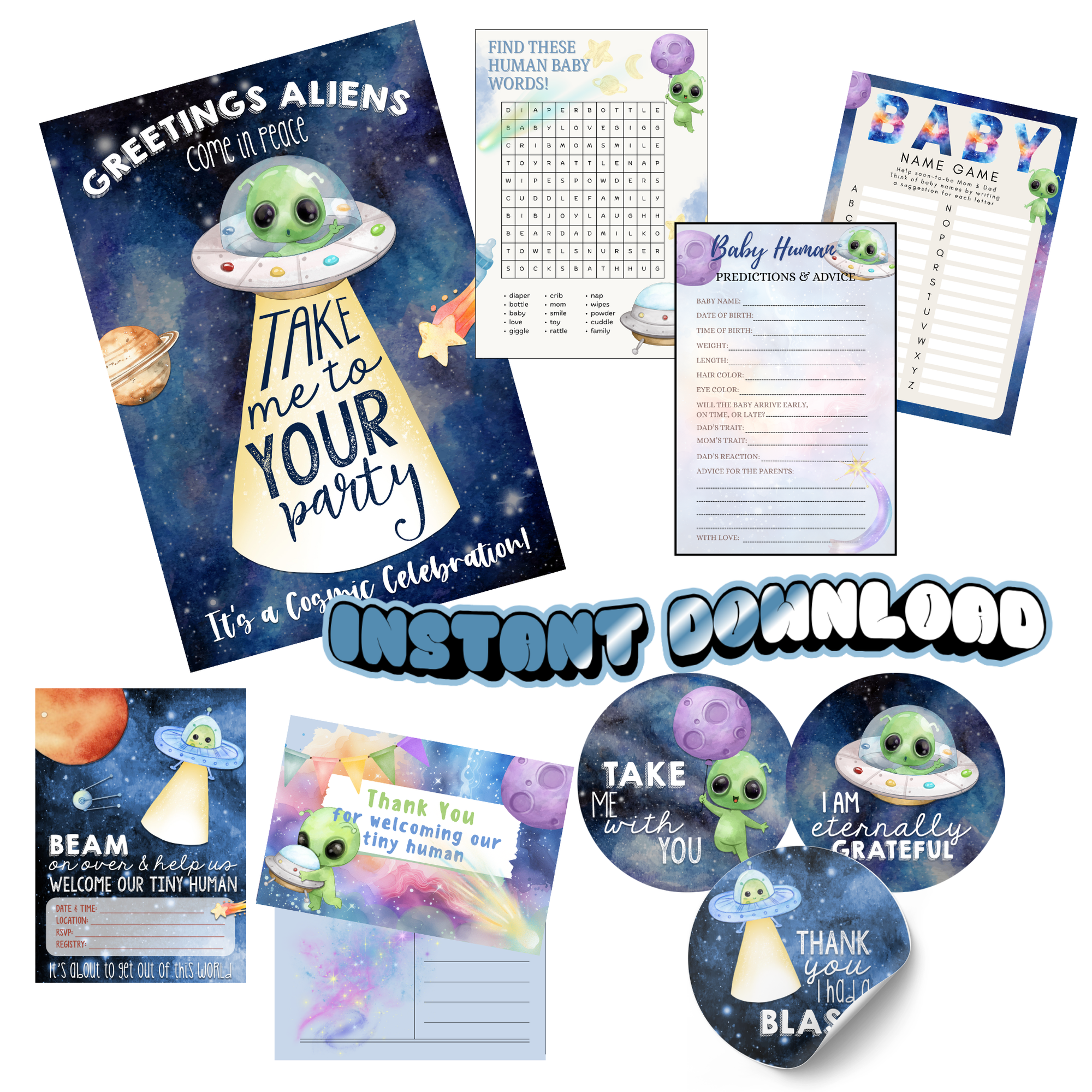 Welcome Our Tiny Human Alien Baby Shower Party Bundle Kit - Instant Download 10pc
