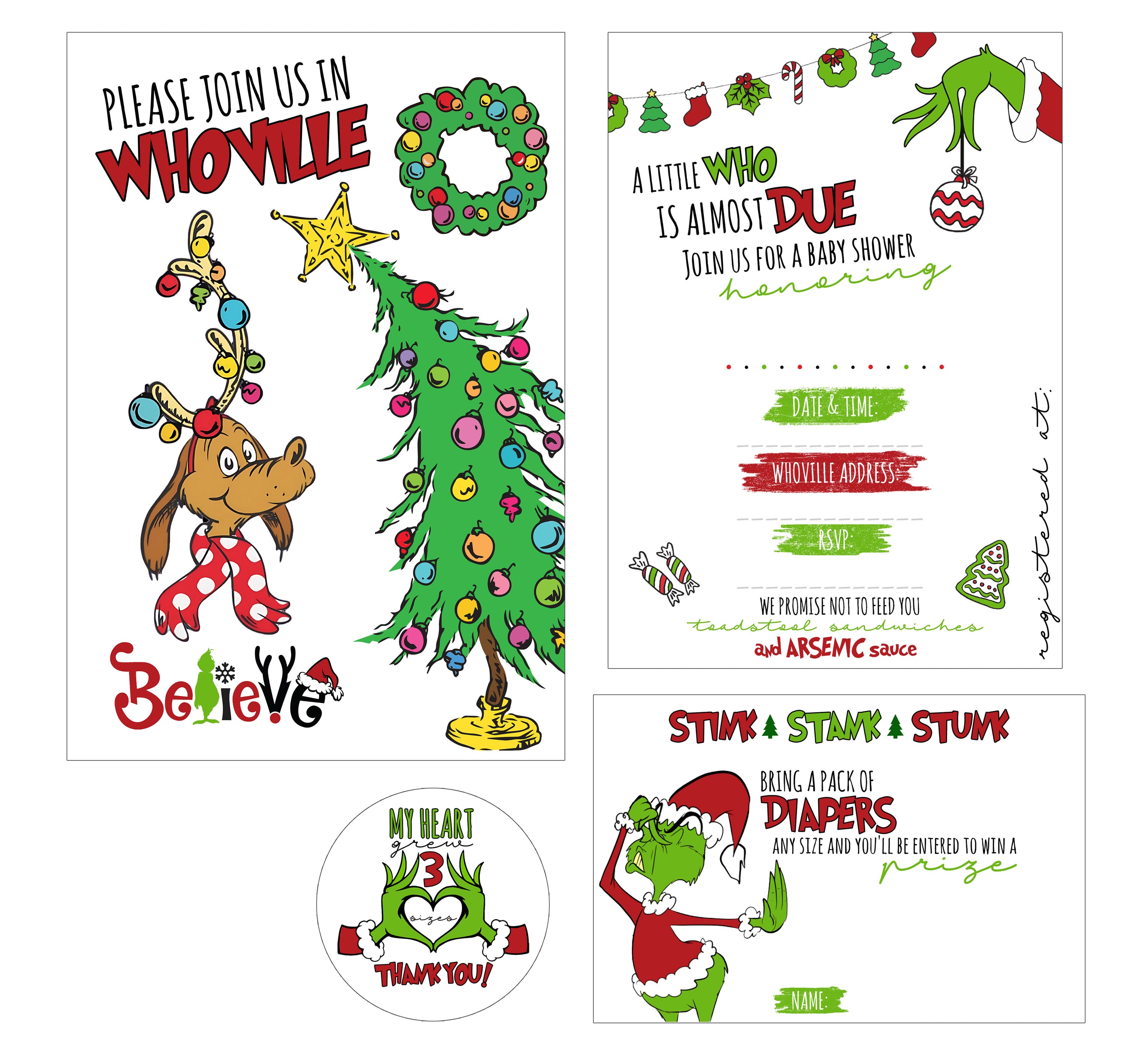 What Will Our Little Who Be? - Christmas Holiday Character Themed Baby Shower Gender Reveal Party Invitation Invite Decoration Supply (Set of 12) with Envelopes