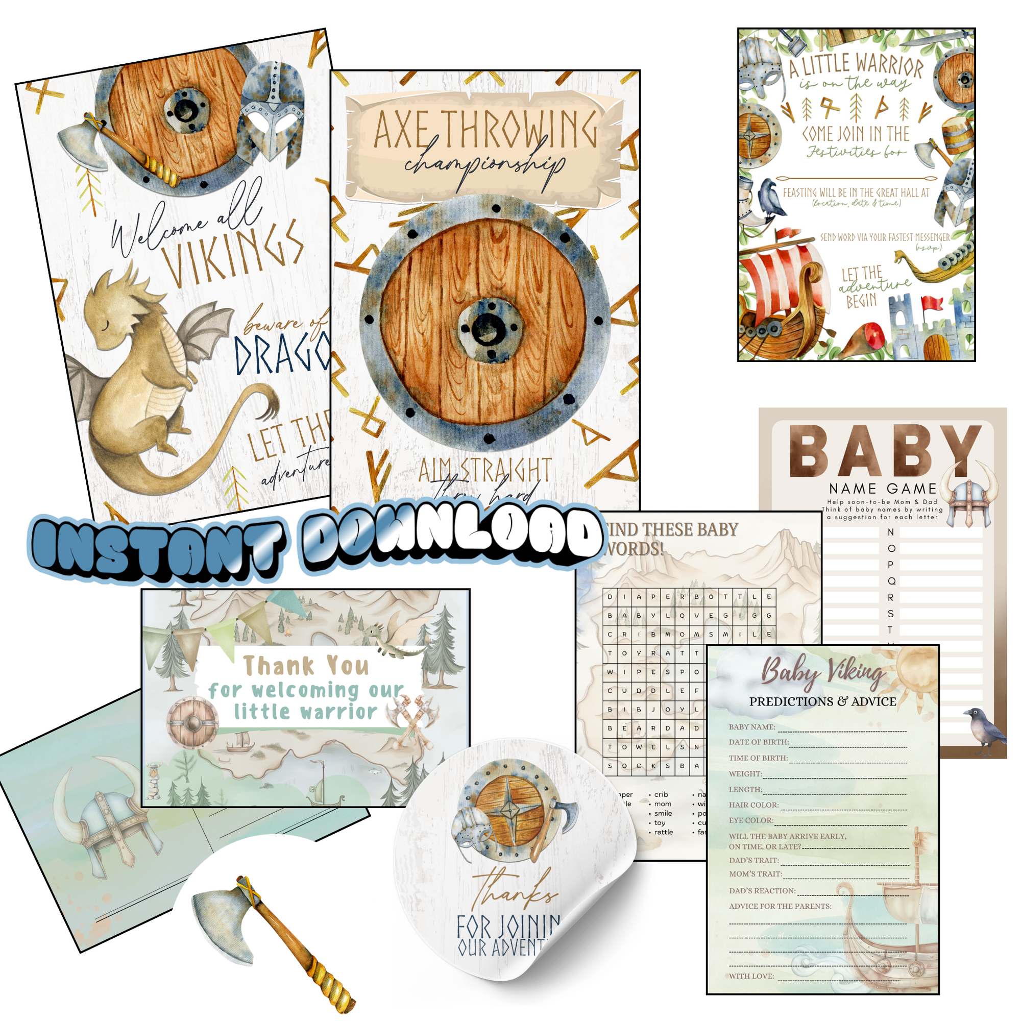 Viking Baby Shower Bundle – A Little Warrior Is On the Way (Printable Games, Invitation & Decor)