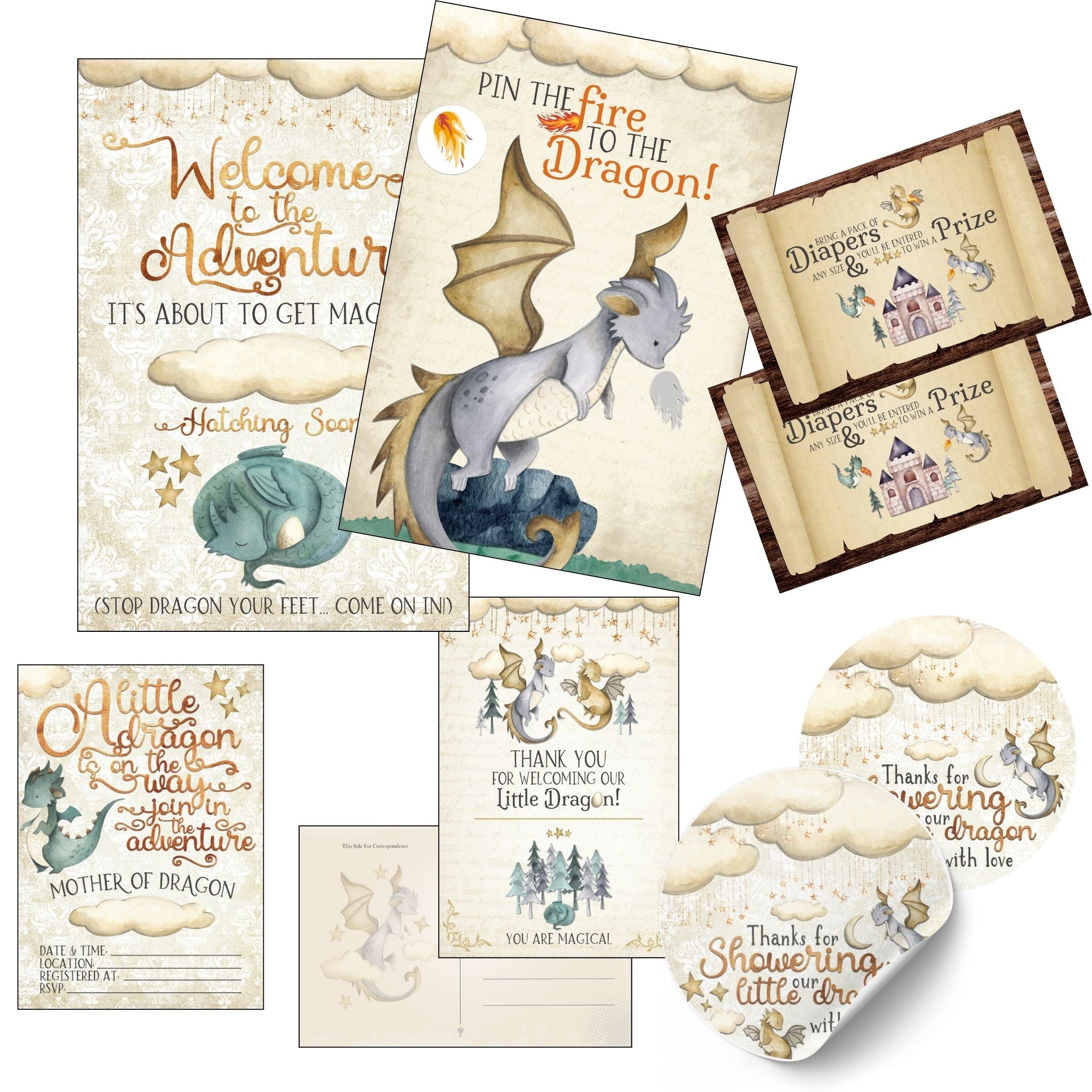 A Little Dragon Is On The Way Baby Shower Party Bundle Kit Instant Download 8pc
