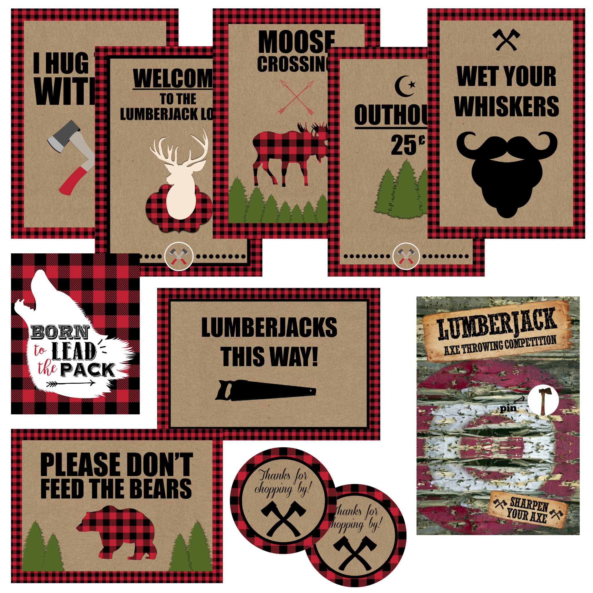 Lumberjack camping themed kids party bundle, 33 pieces including posters, favor stickers and axe pin game