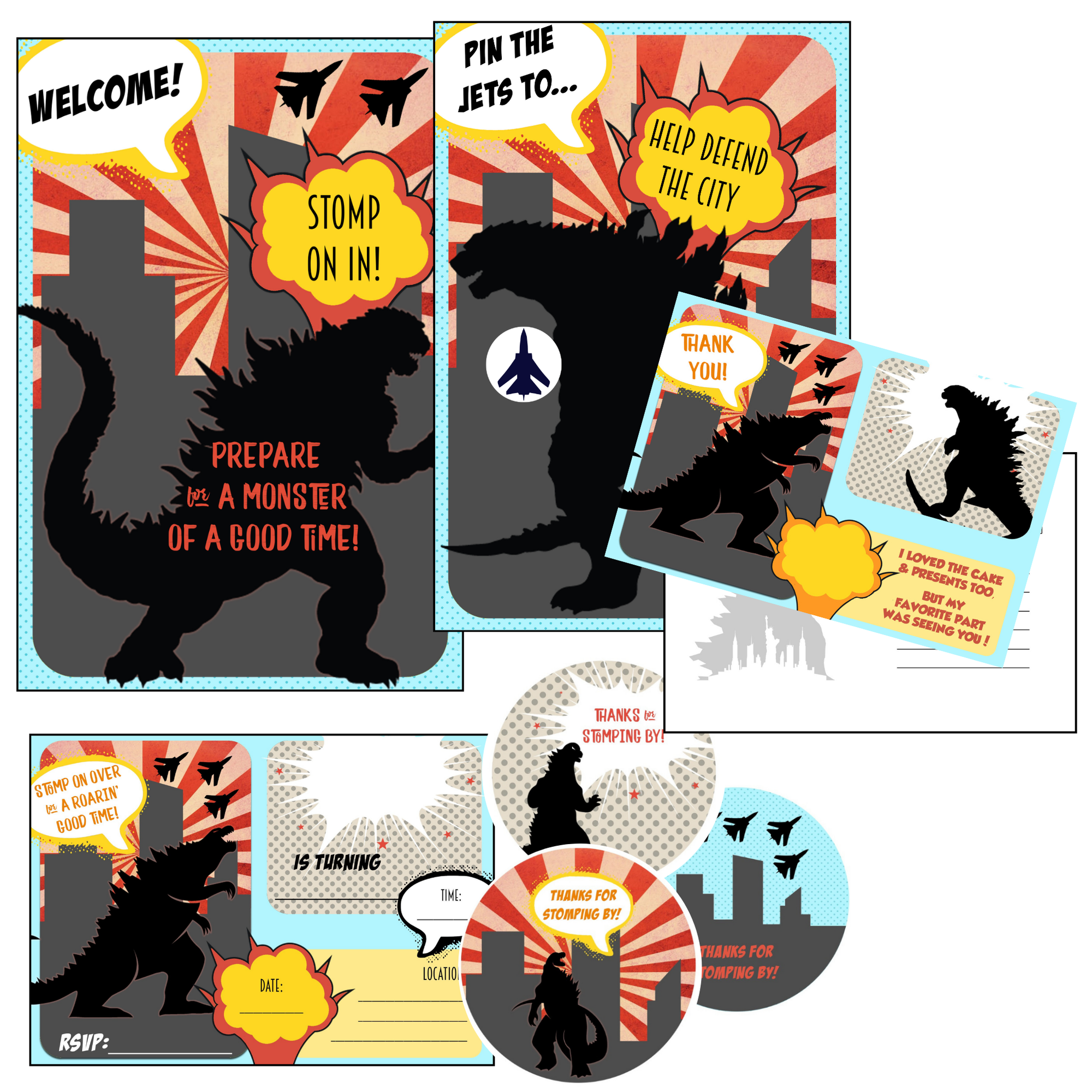 Retro monster party invitation card with comic book styling, stomp on over for a roarin good time
