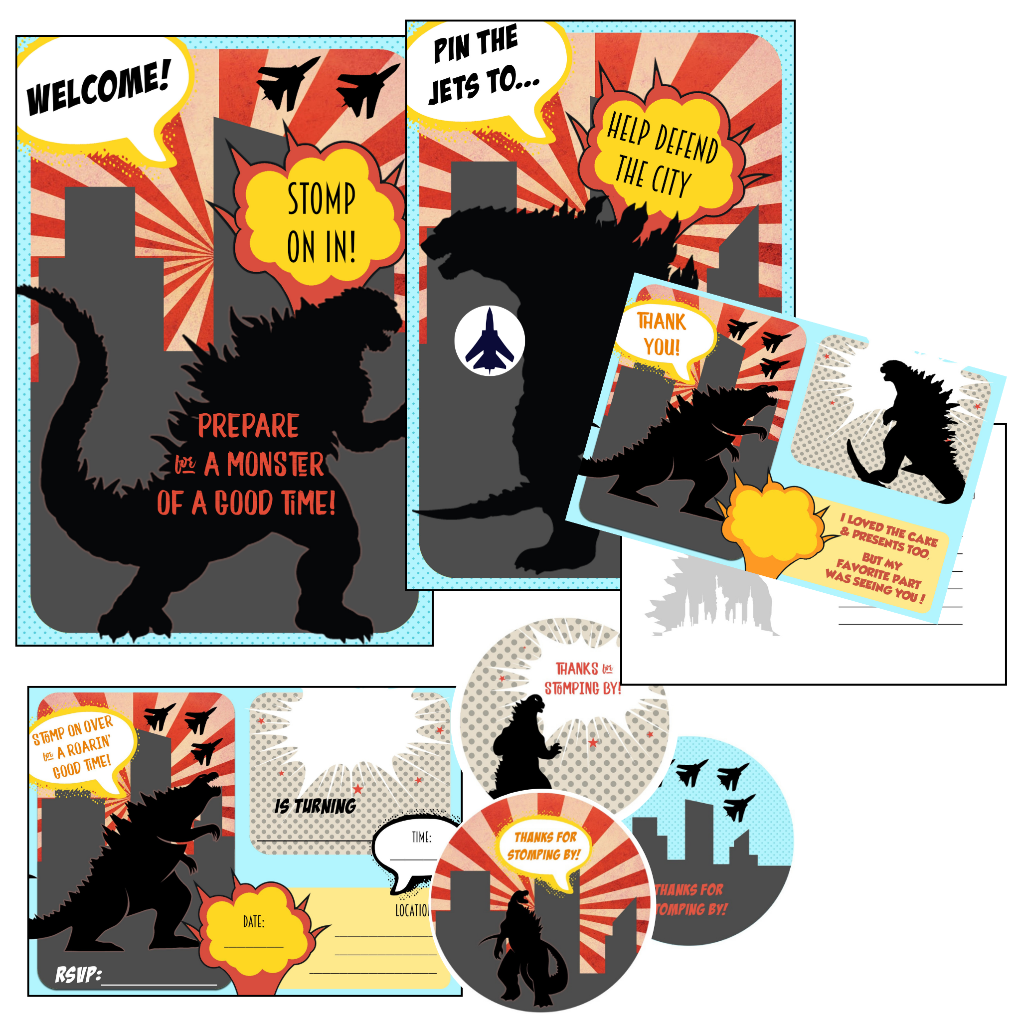 Retro monster party invitation card with comic book styling, stomp on over for a roarin good time