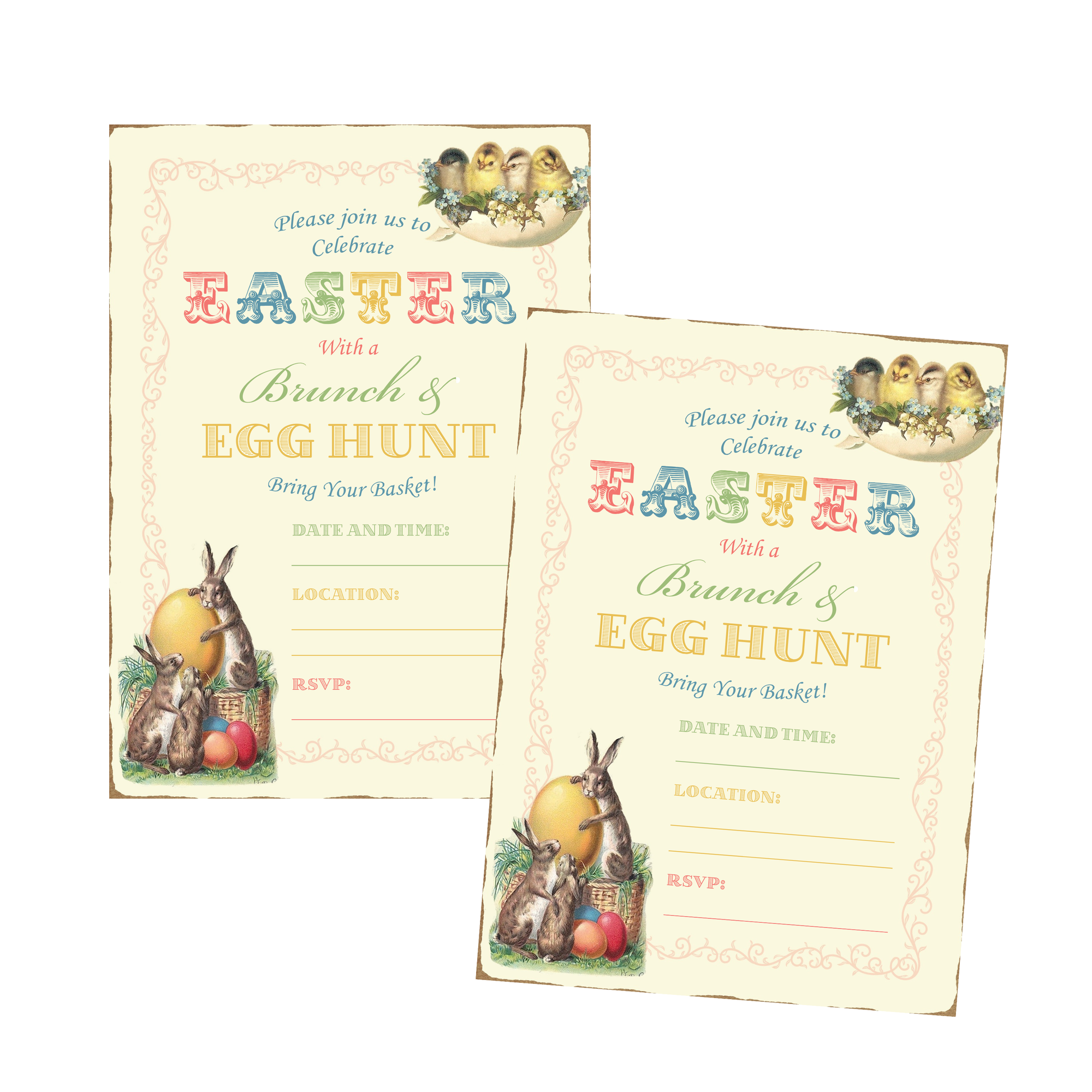 Vintage Easter Brunch Egg Hunt Party Supply Invitation - Digital Download