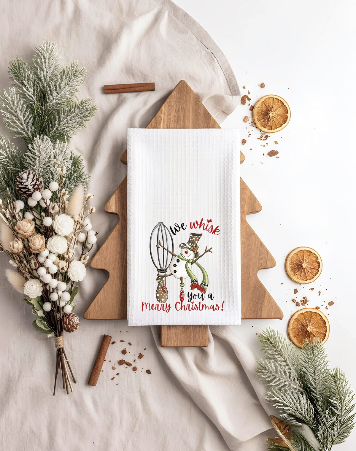 We Whisk You a Merry Christmas snowman and whisk tea towel — Silly Goose Gift