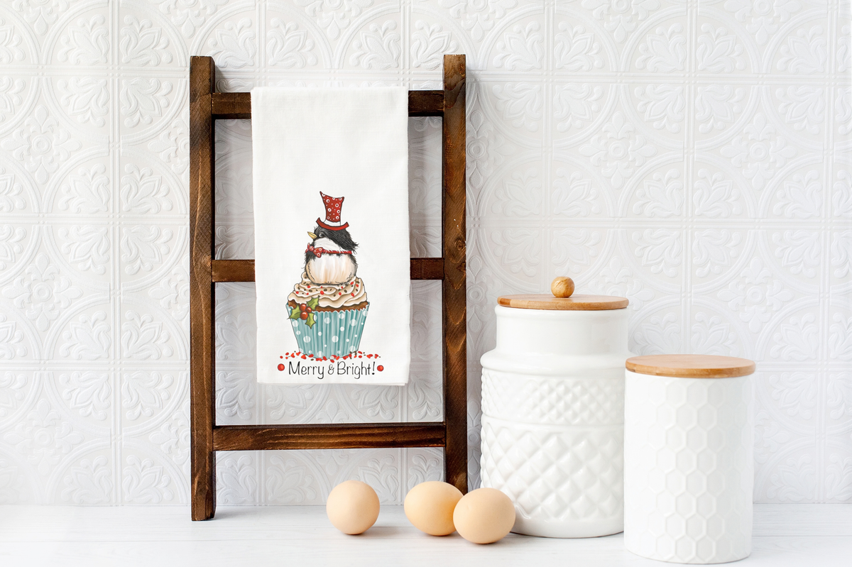 Merry & Bright bird and cupcake Christmas tea towel — Silly Goose Gift