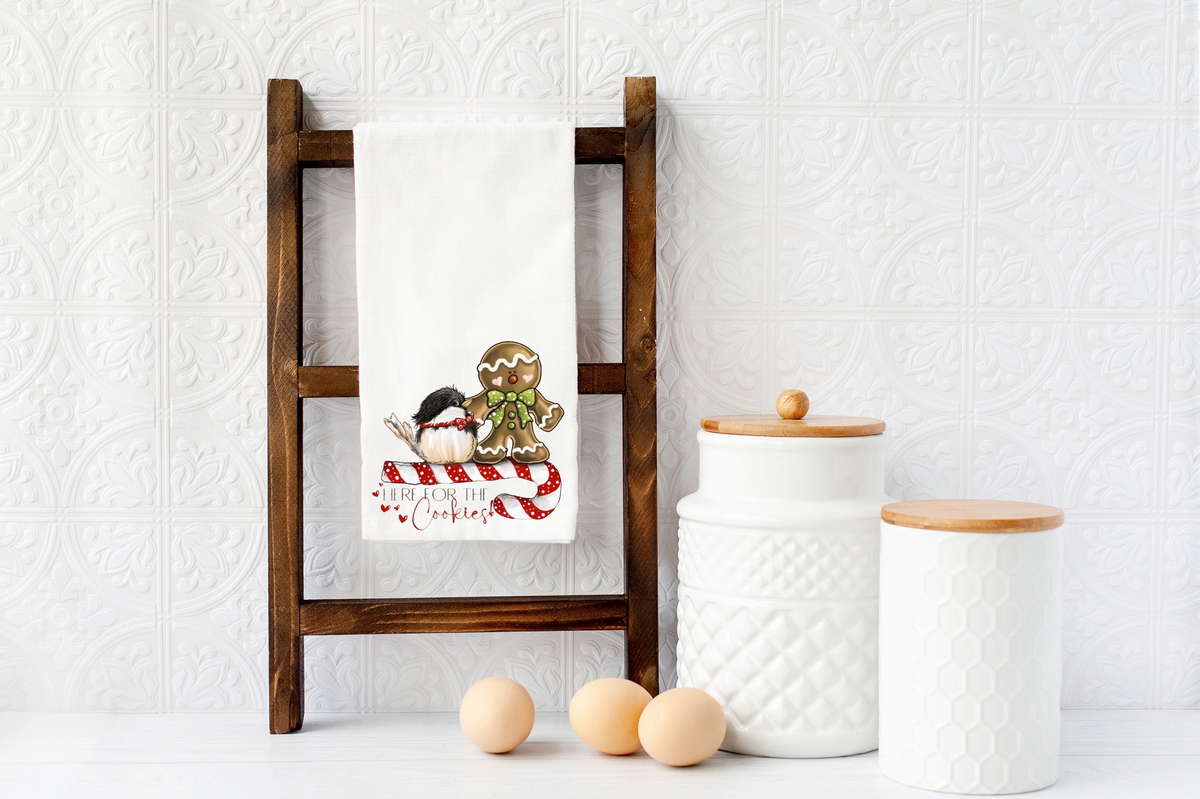 Here for the Cookies Christmas tea towel with a gingerbread cookie and bird design — Silly Goose Gift