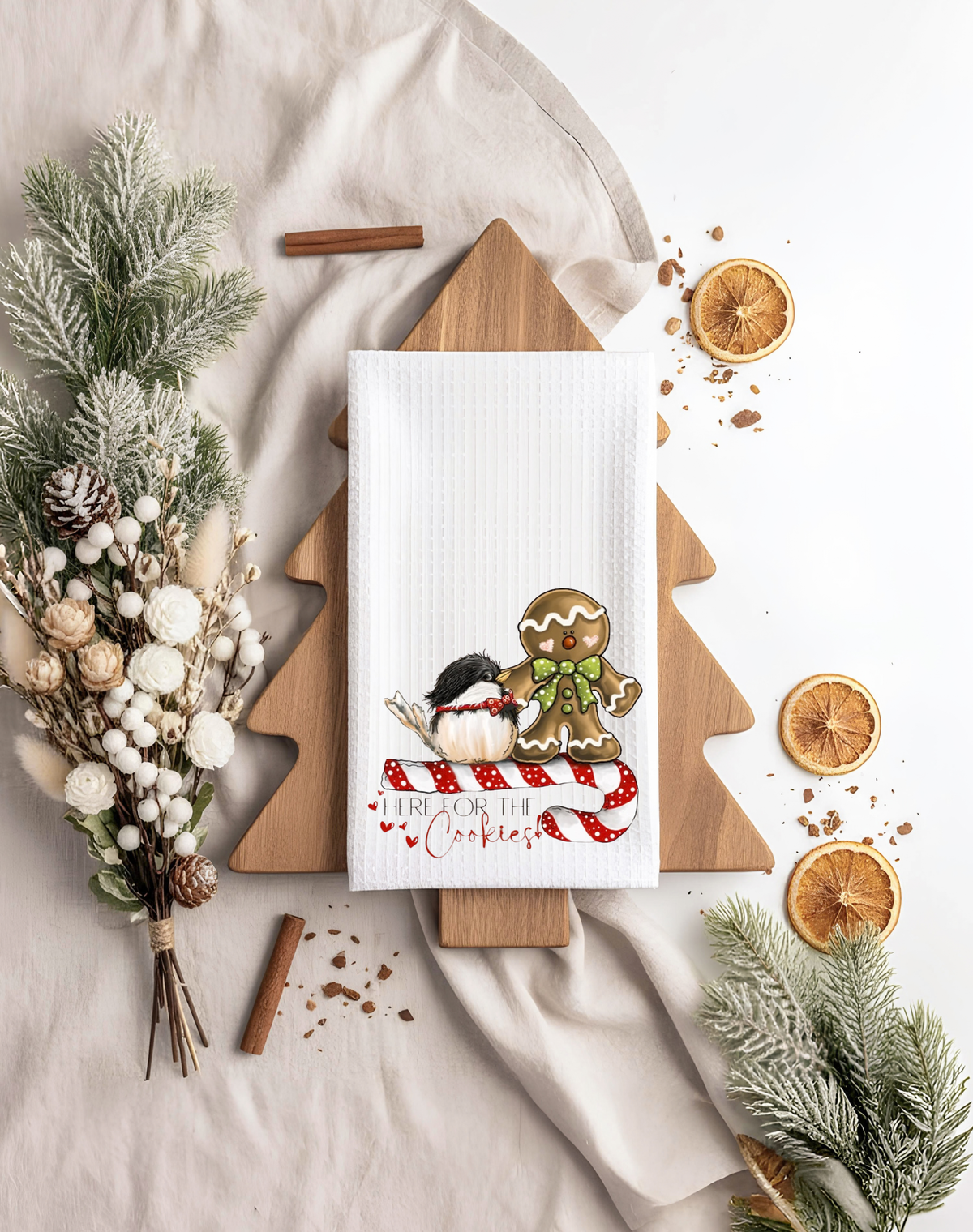 Here for the Cookies Christmas tea towel with a gingerbread cookie and bird design — Silly Goose Gift