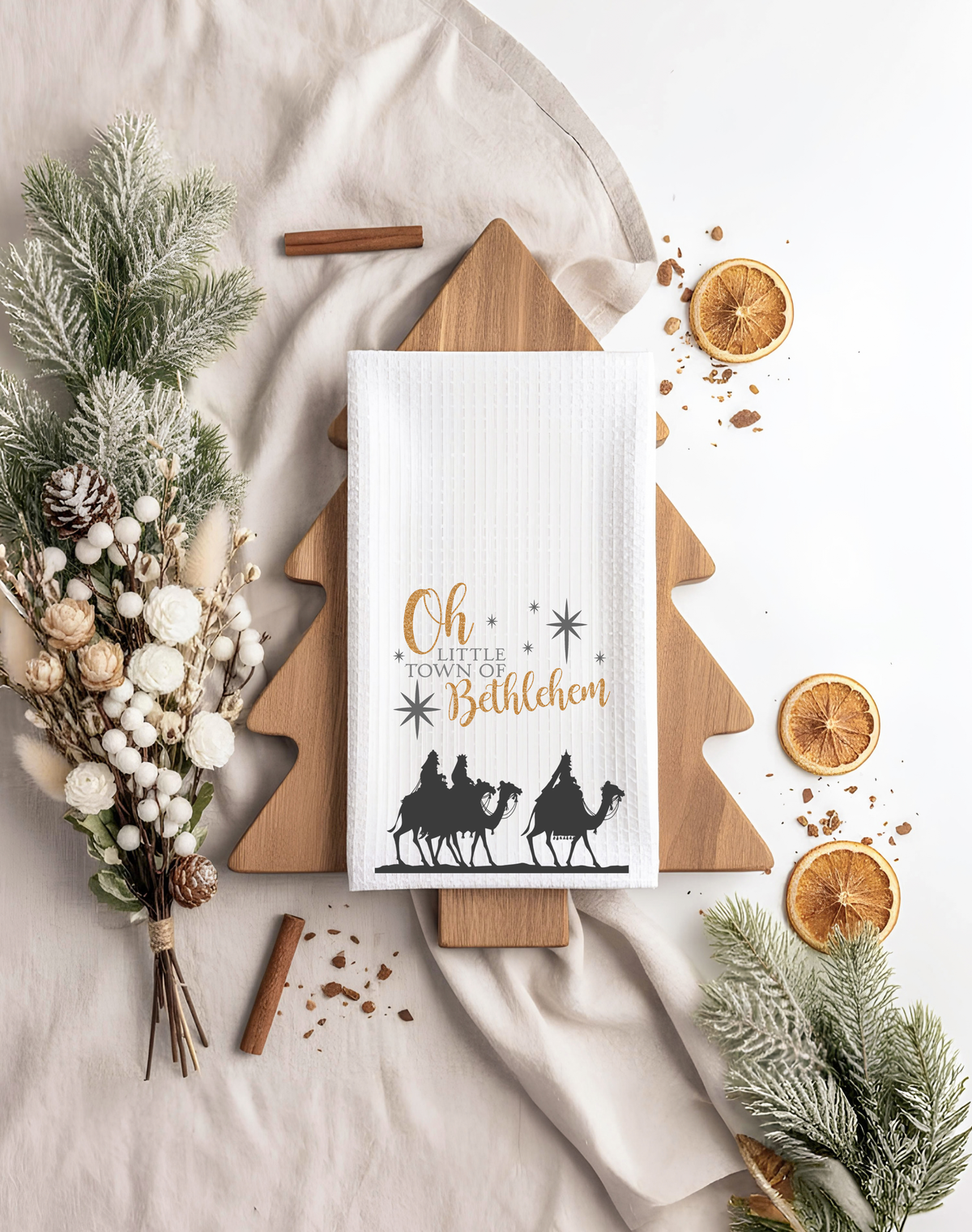Oh Little Town of Bethlehem Tea Towel — Christmas Nativity Kitchen Towel