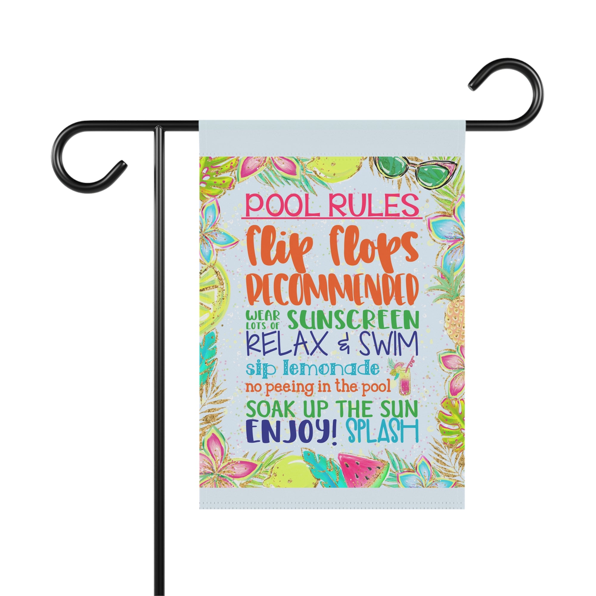Pool Rules funny garden flag with humorous pool day typography