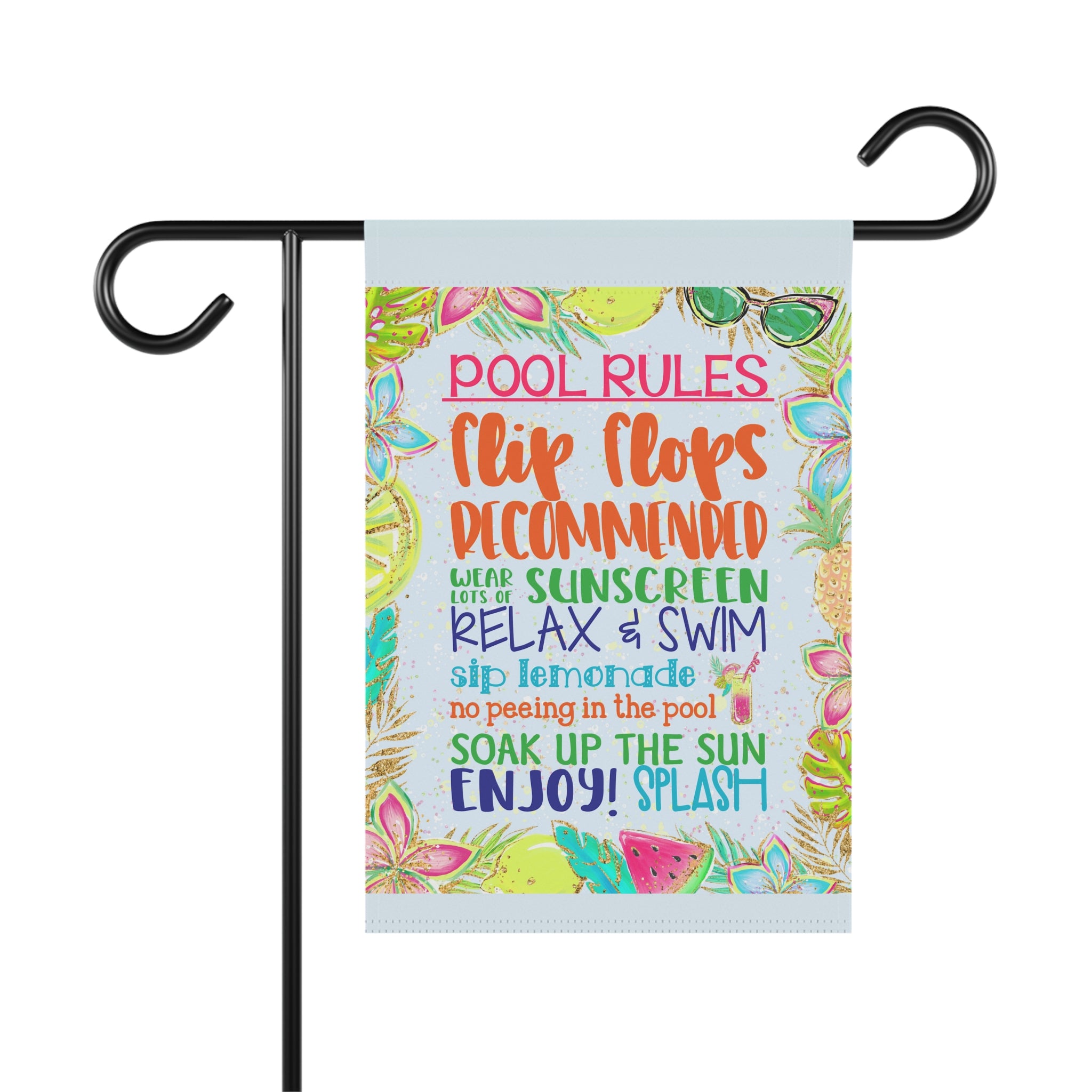 Pool Rules funny garden flag with humorous pool day typography