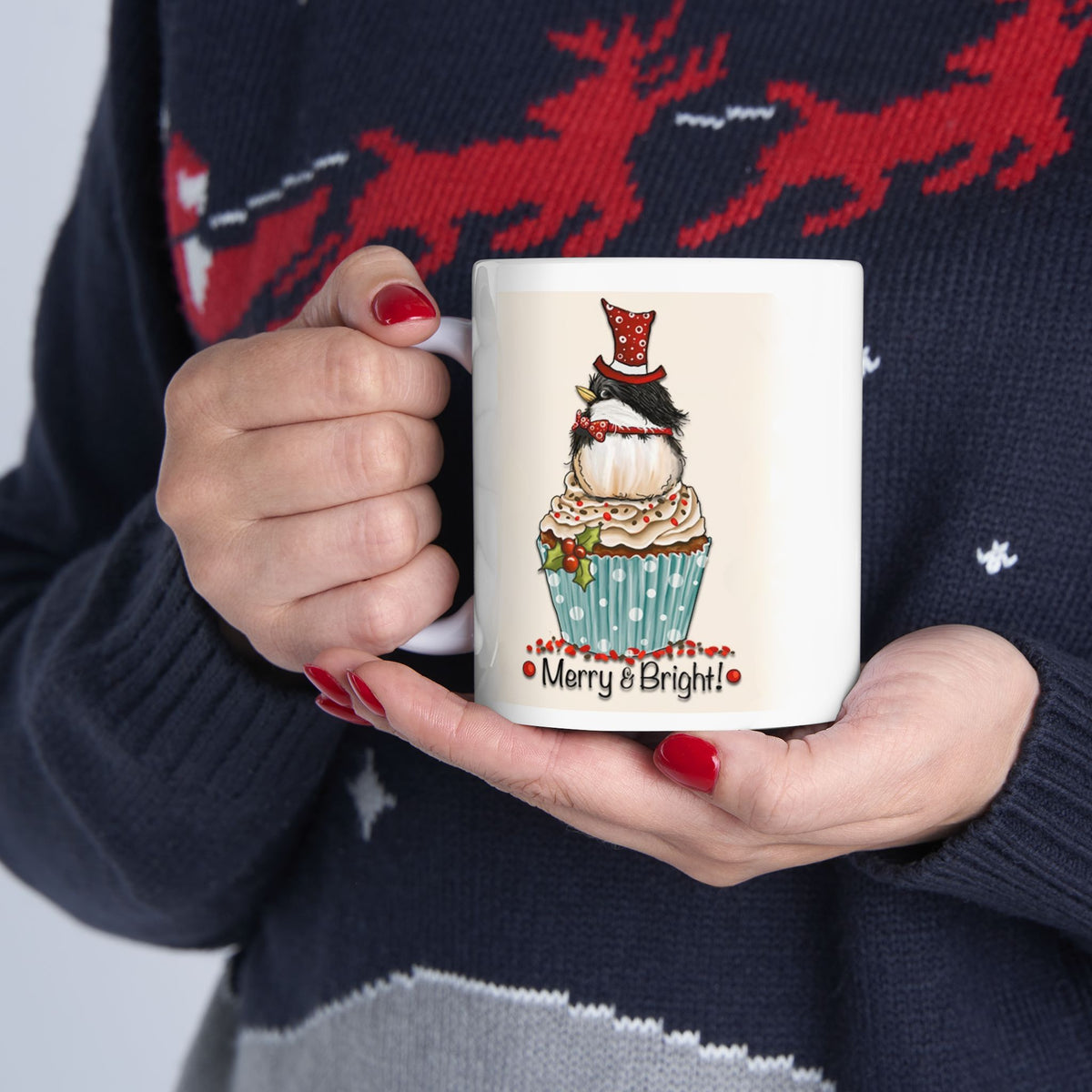 Merry and Bright - Cute Bird Cupcake Christmas Mug Drinkware Design (11oz, 15oz)