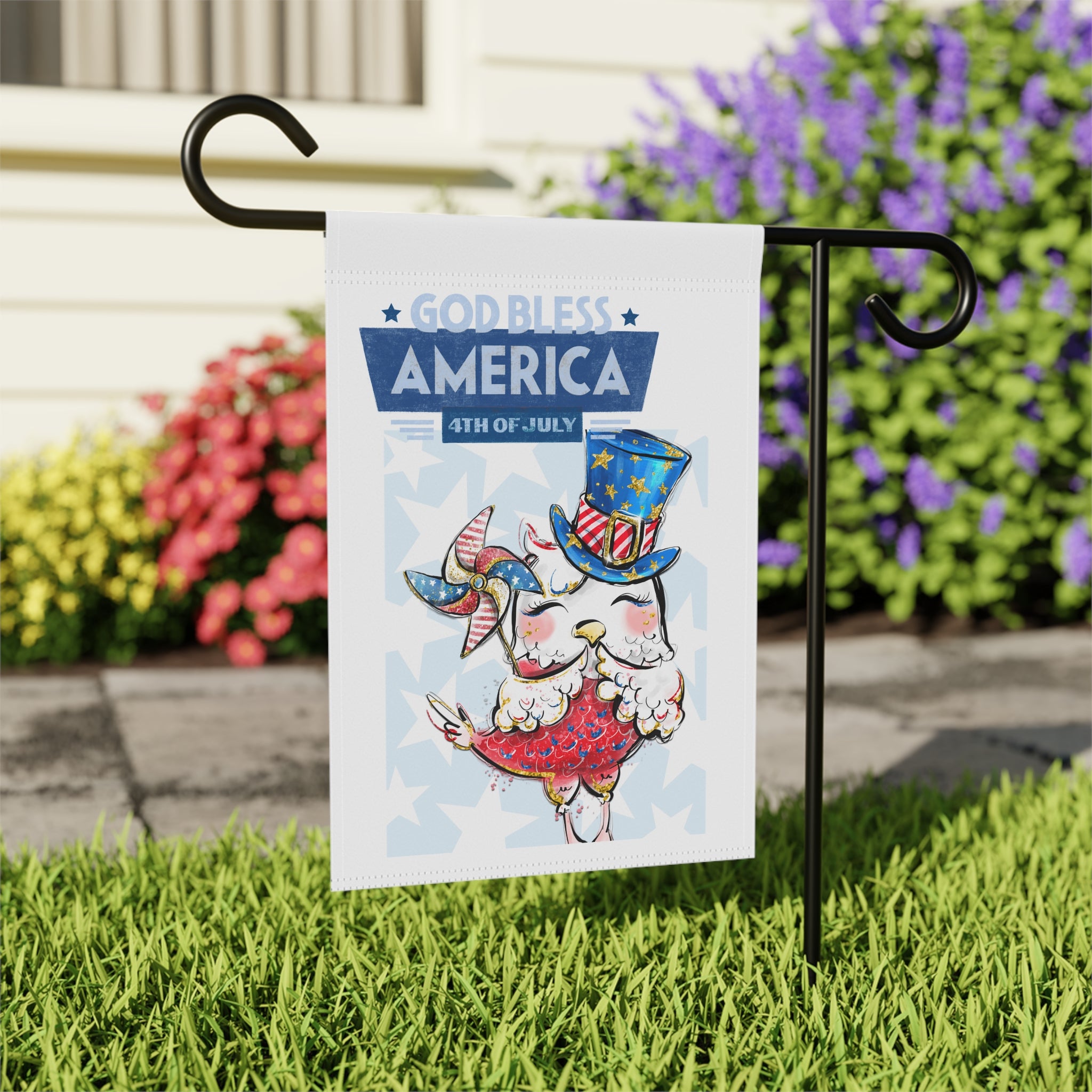 Close-up of Liberty Chicken garden flag with God Bless America text