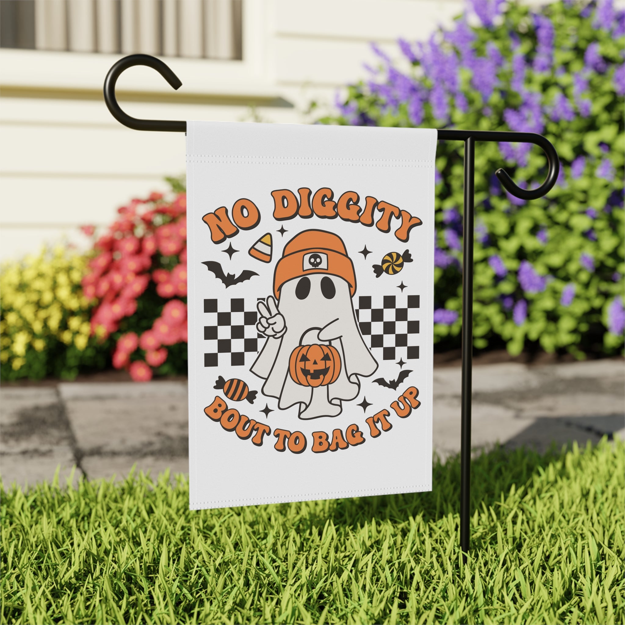 No Diggity Bout To Bag It Up Halloween Garden Flag 12x18 – Funny Ghost House Yard Decor