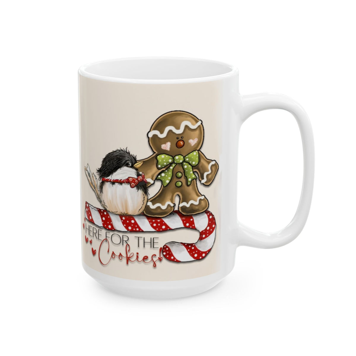 Here For The Cookies - Cute Gingerbread Bird Christmas Mug Drinkware Design (11oz, 15oz)