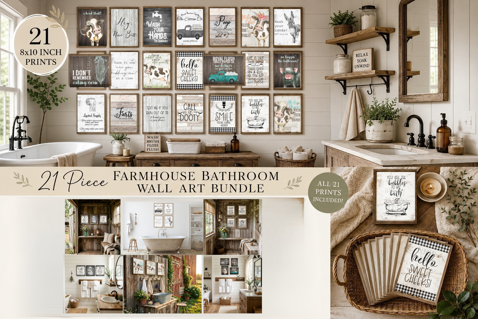 Farmhouse bathroom wall art bundle with multiple prints displayed in a bathroom setting.