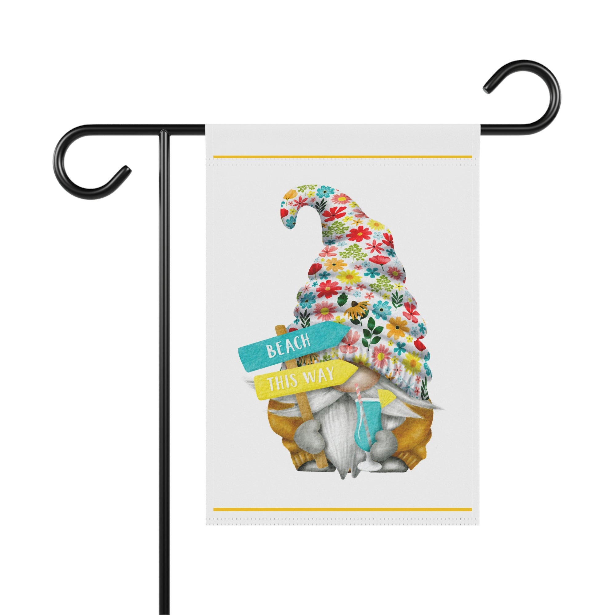 Beach This Way Gnome cute coastal garden flag with whimsical beach gnome design