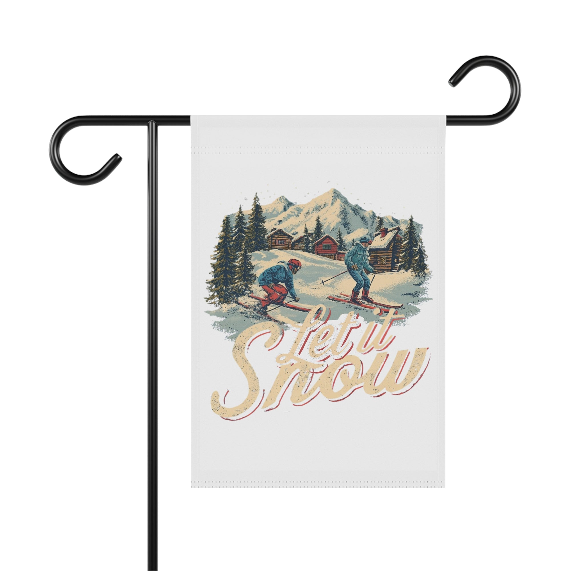 Vintage Ski Let It Snow retro cabin Christmas garden flag, 12x18 winter yard decor