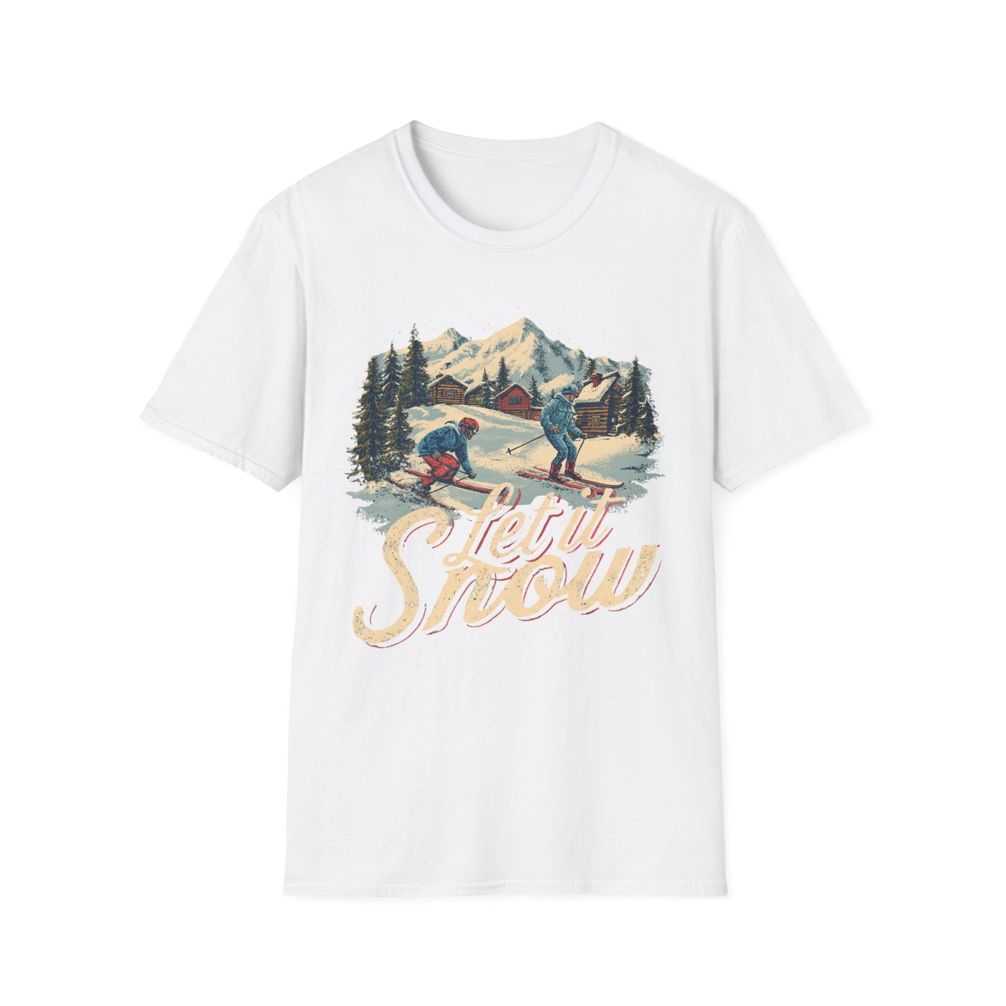 White t-shirt with a graphic of skiers and 'Let it Snow' text on a white background