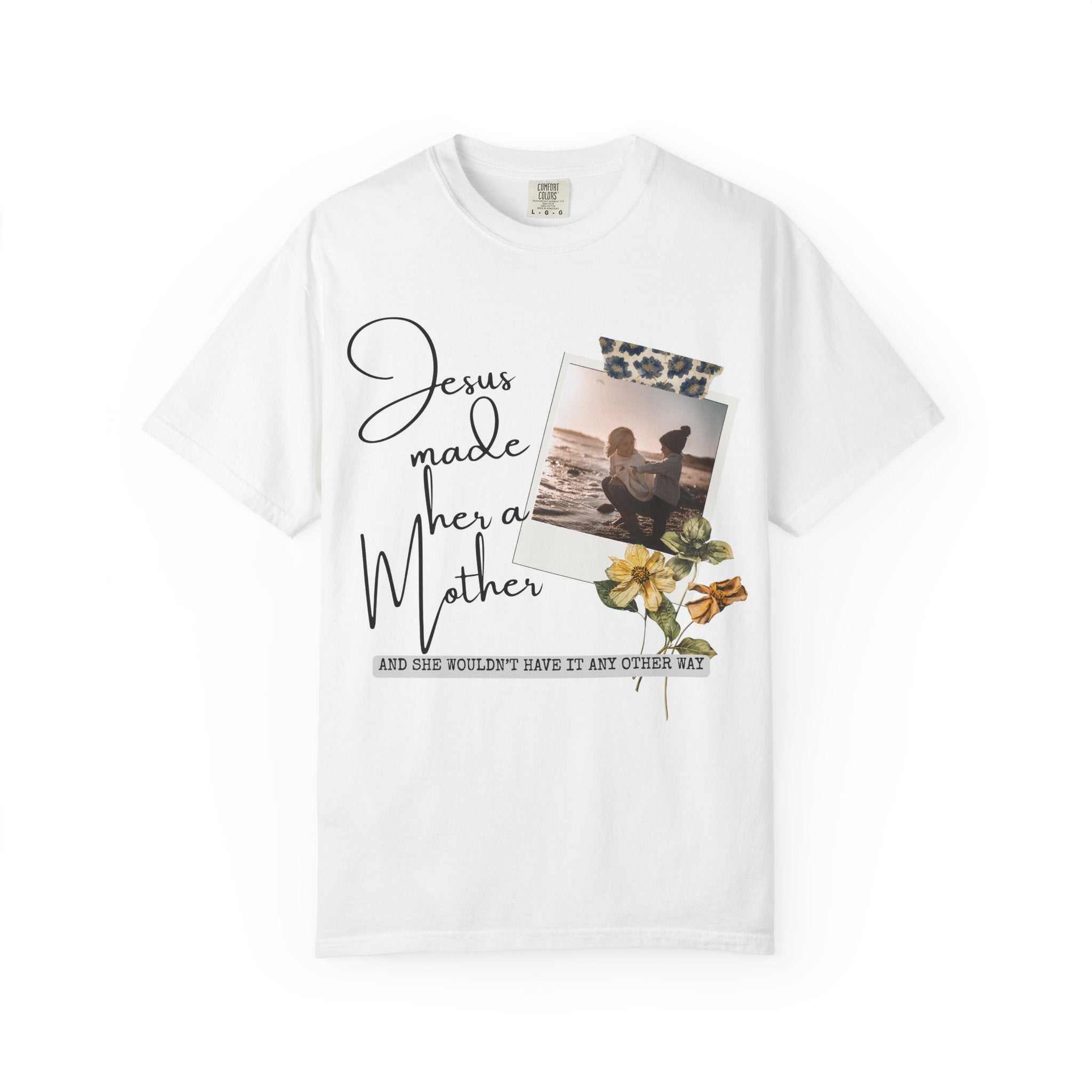 White t-shirt with printed design featuring text and a photo of a couple by a beach.