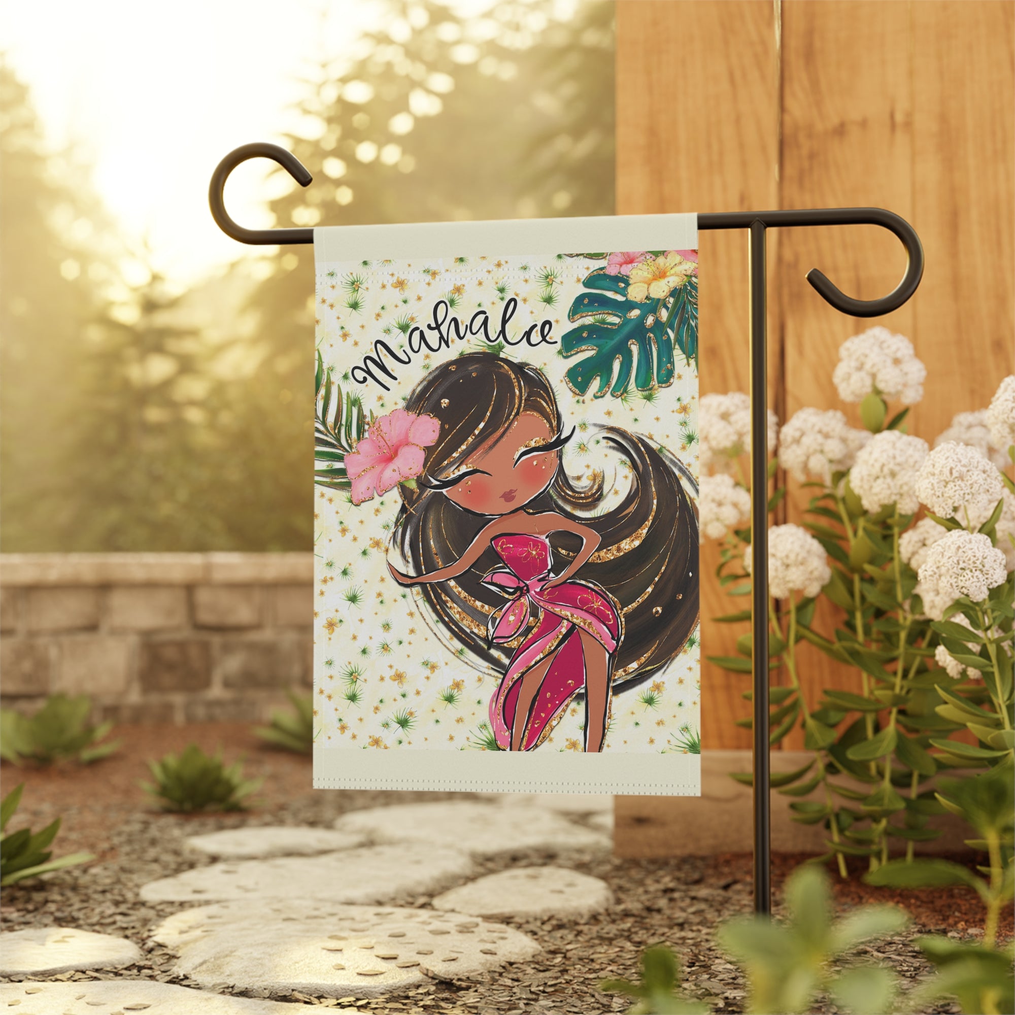 Hawaiian-inspired tropical garden flag displayed outdoors on a vacation porch