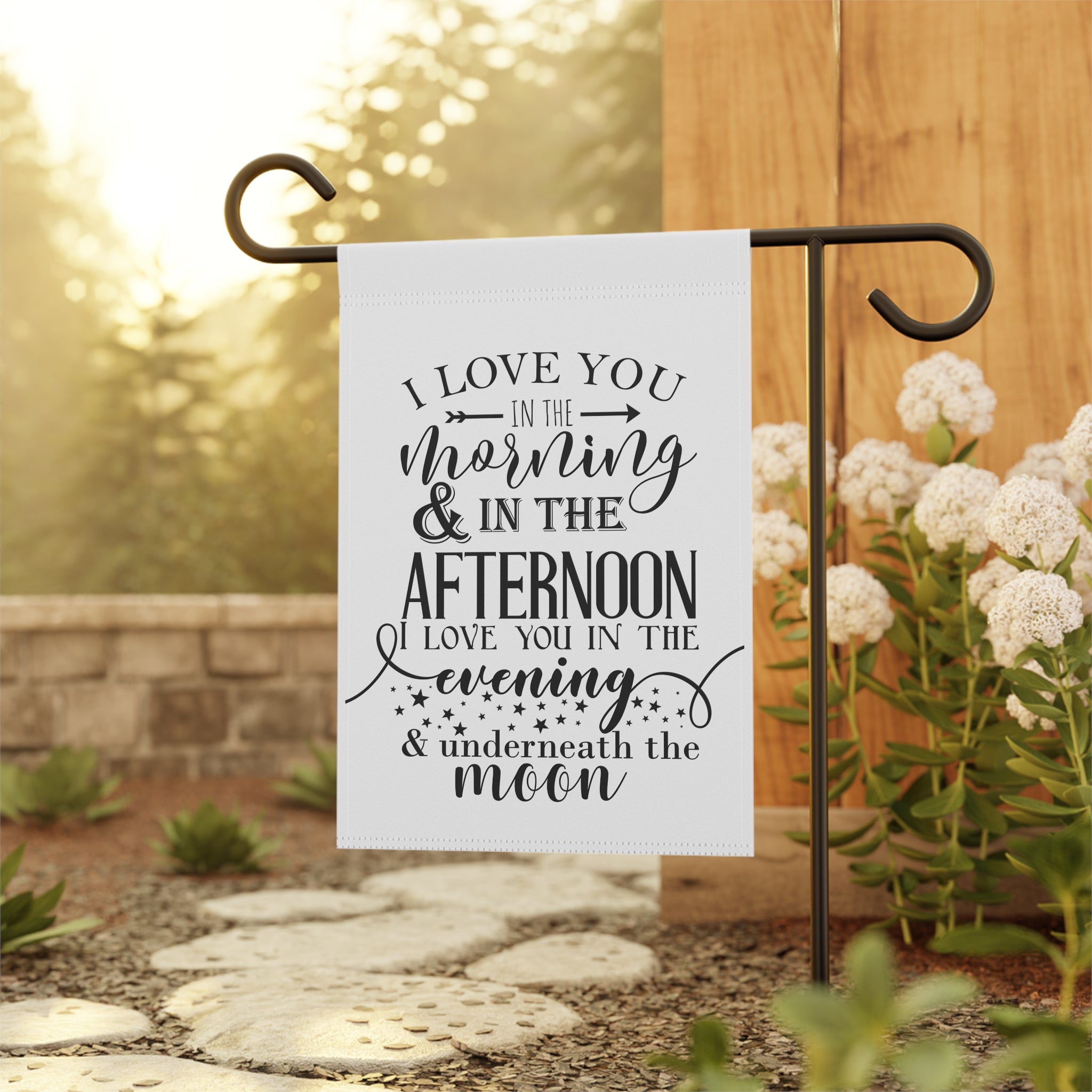 Sweet romantic typography garden flag displayed outdoors on a porch