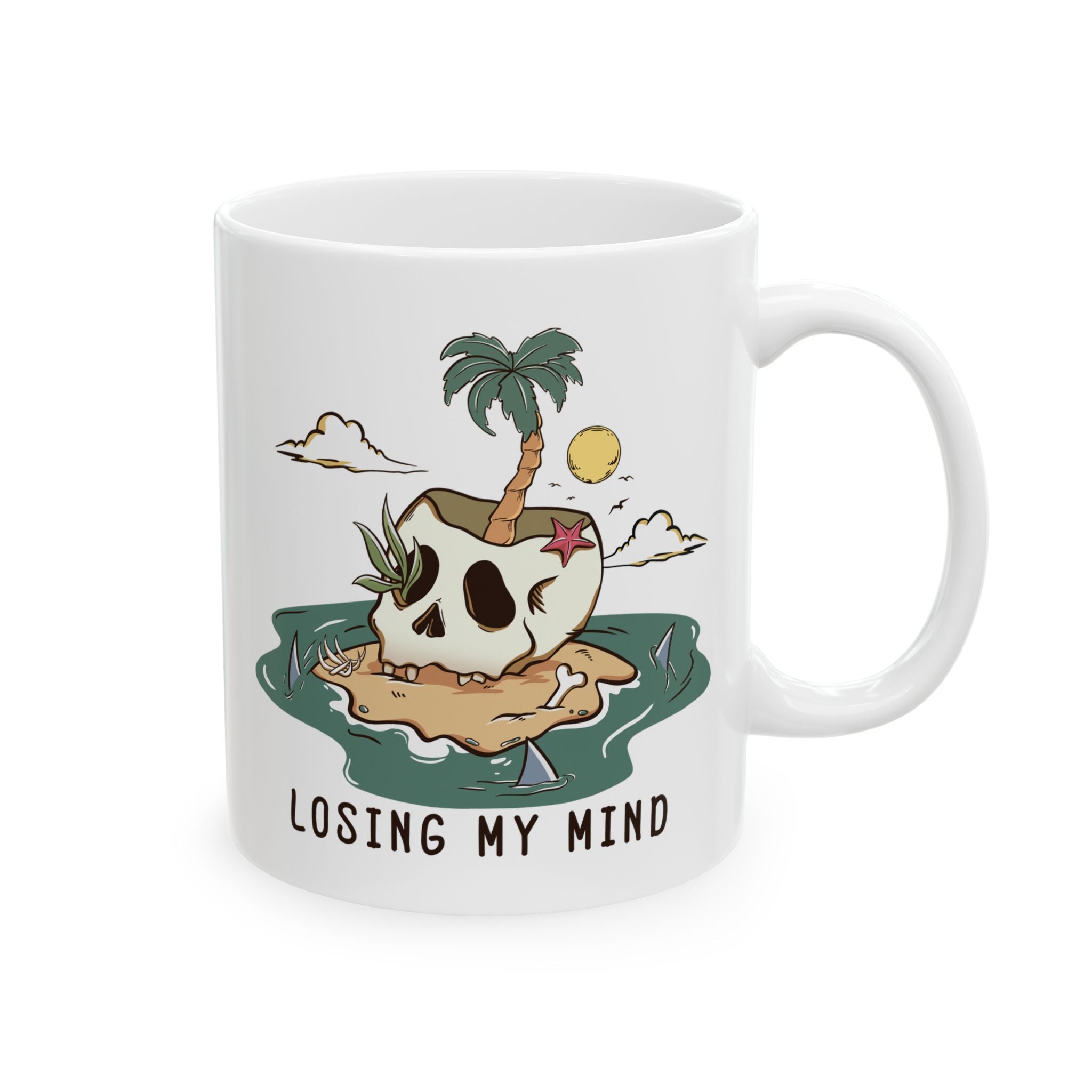 'Losing My Mind' Dark Humor Skeleton Beach Themed Coffee Mug (11oz, 15oz)