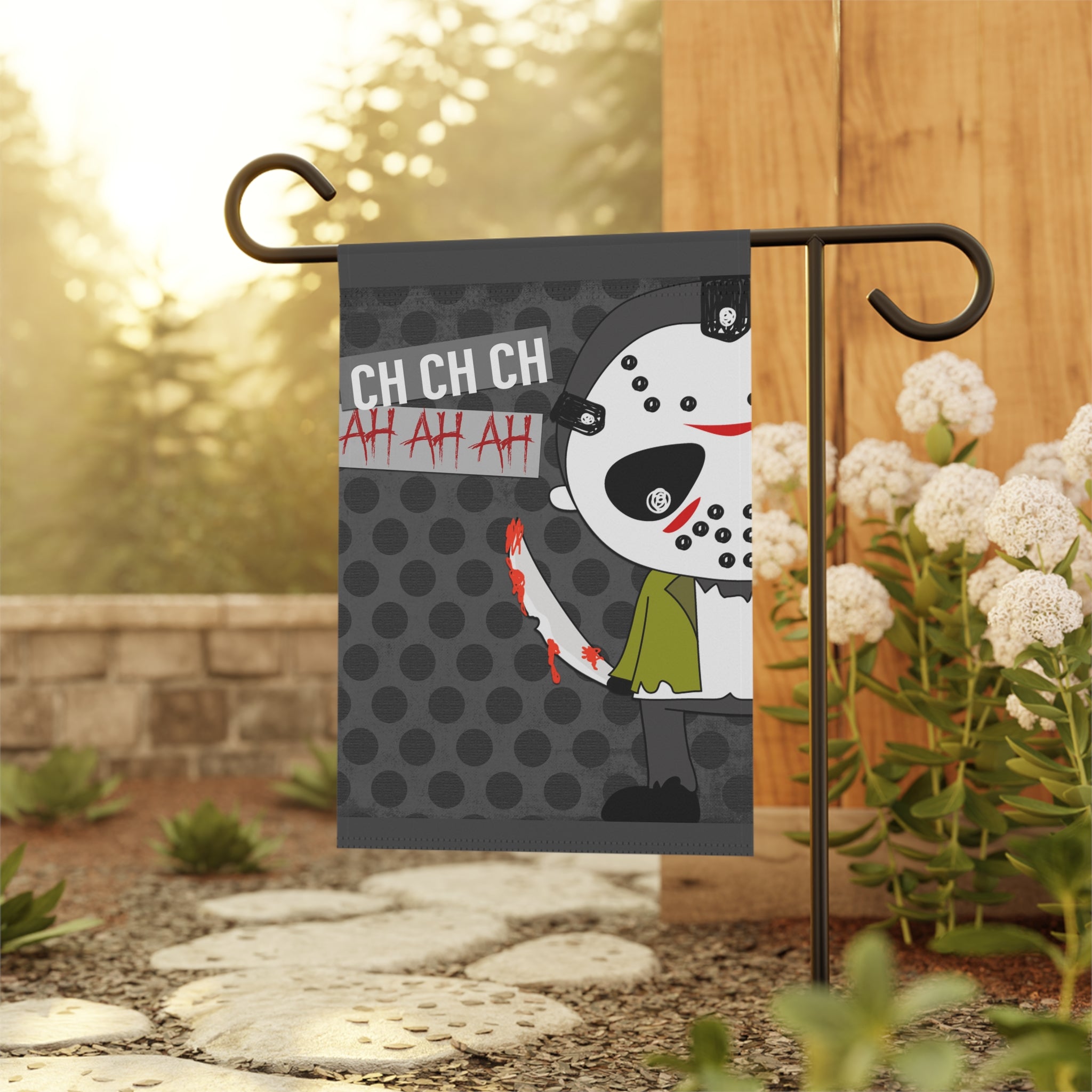 Ch Ch Ch Ah Ah Scary Movie Halloween Garden Flag 12x18 – Funny House Yard Decor