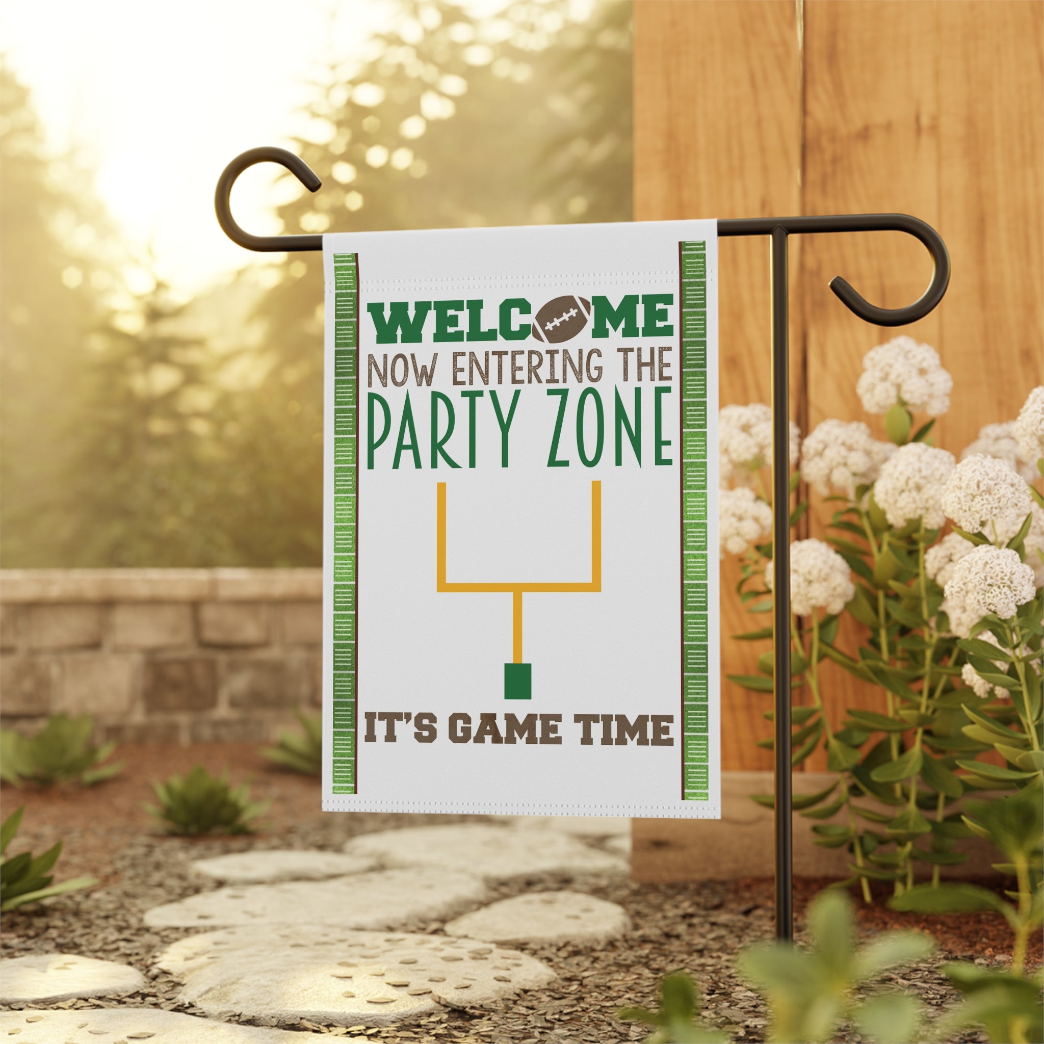 Football fan Game Time Party Zone garden flag displayed outdoors on a flag stand