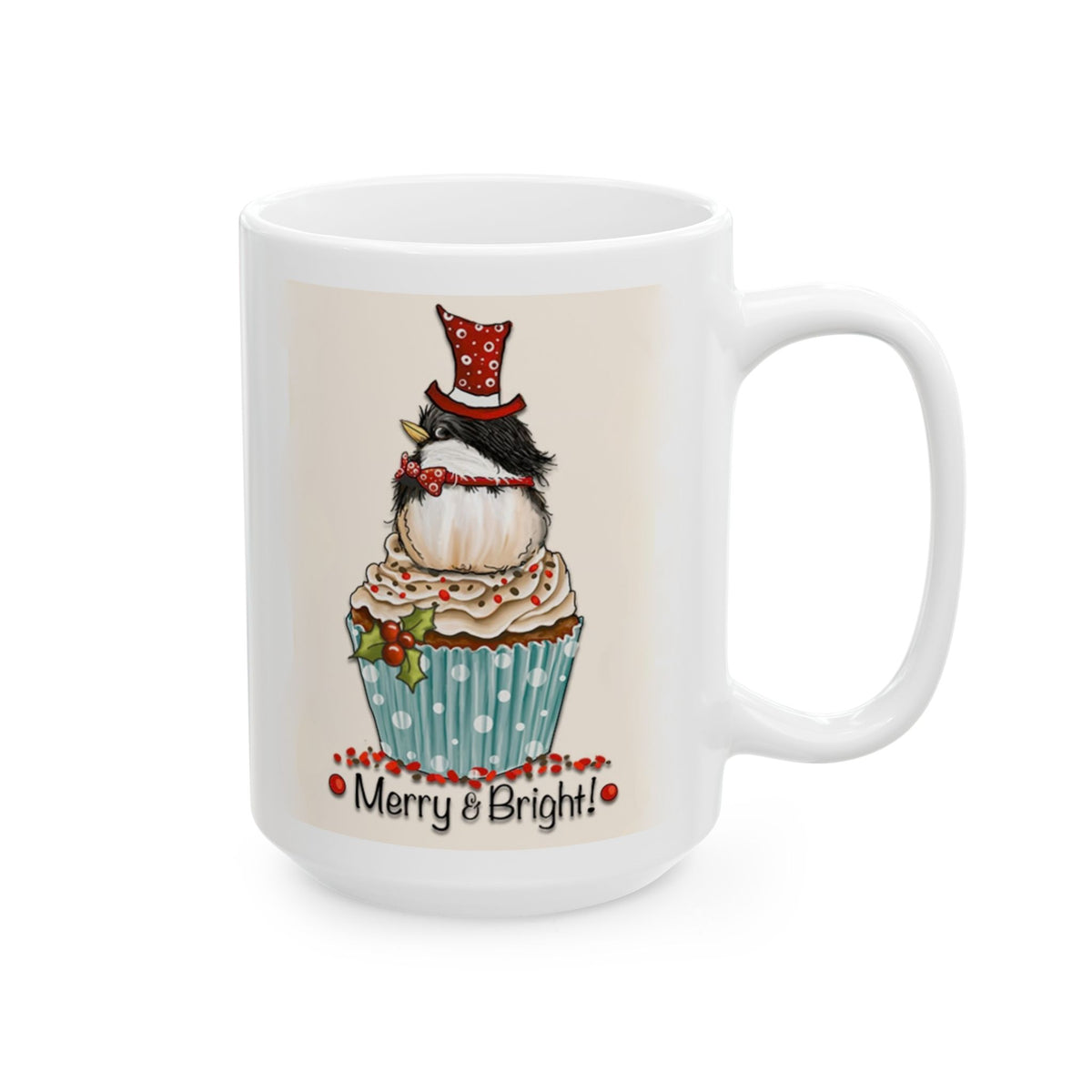 Merry and Bright - Cute Bird Cupcake Christmas Mug Drinkware Design (11oz, 15oz)