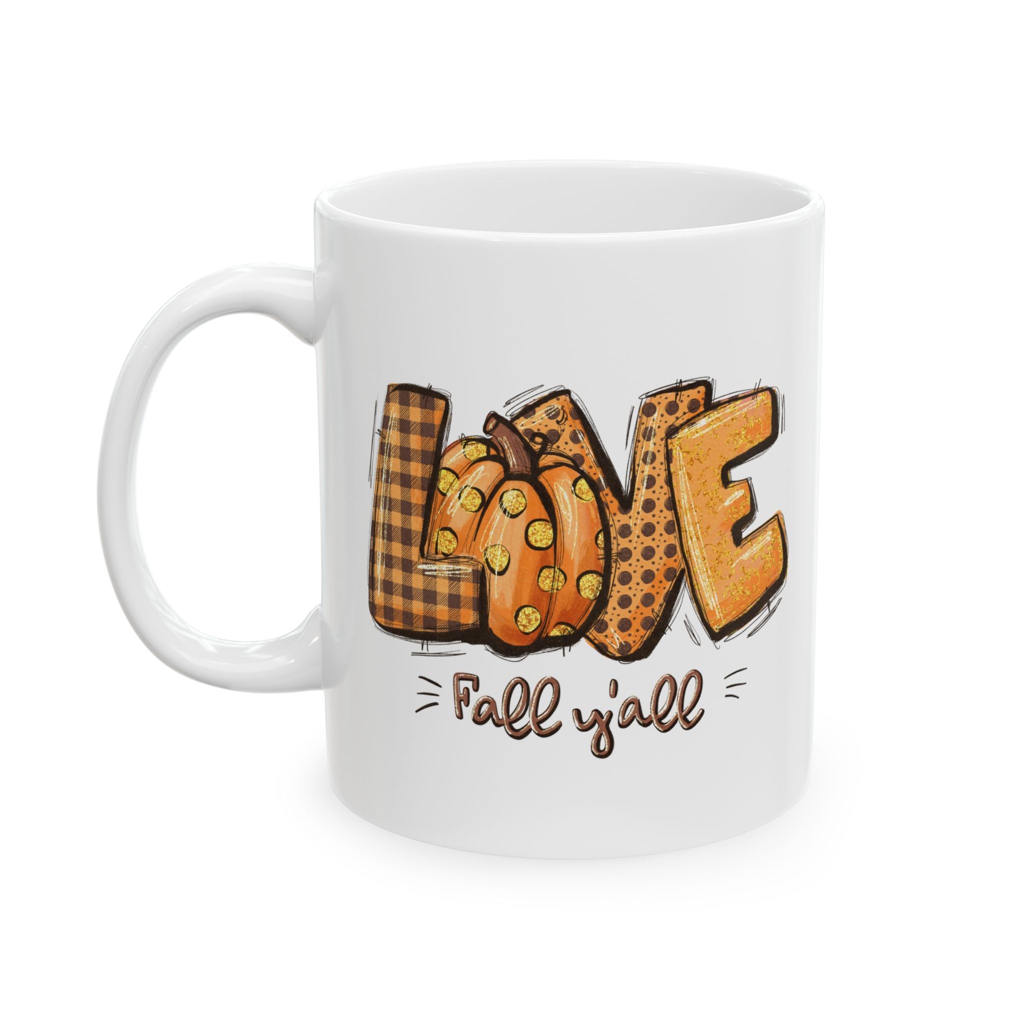 LOVE Fall Y'all – Buffalo Plaid Pumpkin Autumn Coffee Mug (11oz, 15oz)