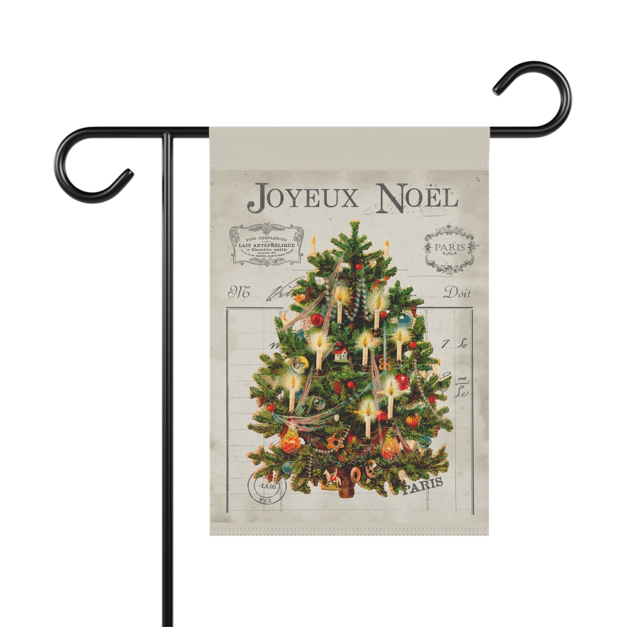 Vintage Paris Joyeux Noel Christmas tree with birds and berries garden flag, 12x18 winter yard decor