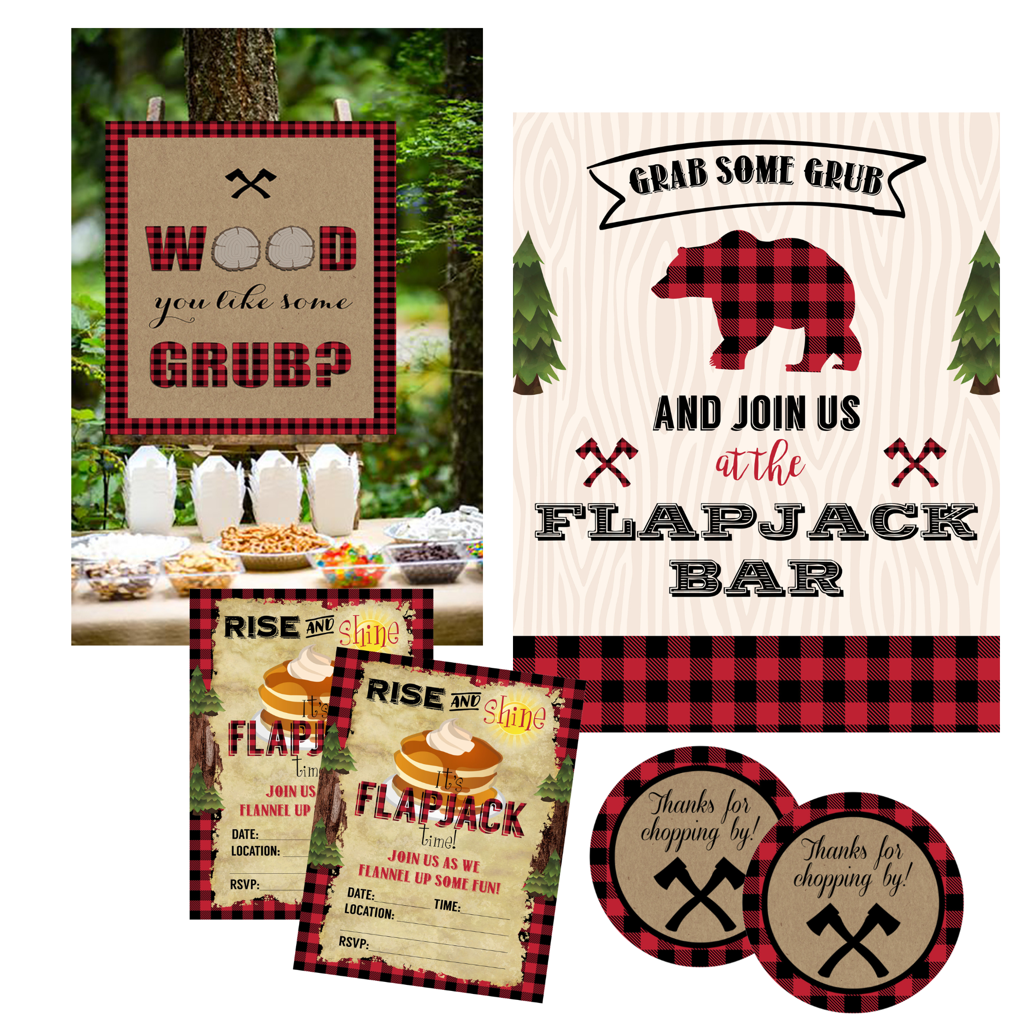 Buffalo plaid Rise and Shine pancake bar party bundle, 38 pieces styled on a table