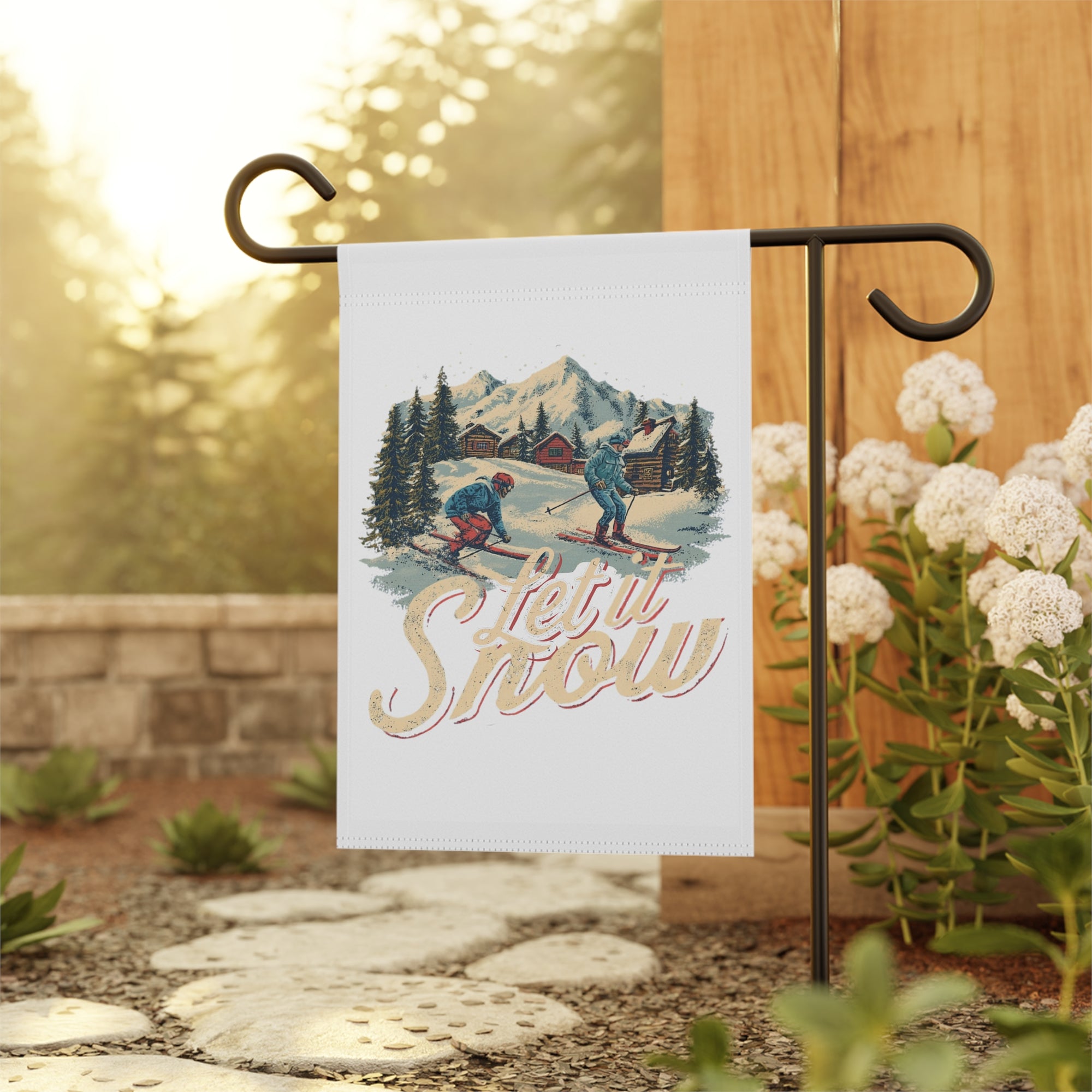 Vintage Ski 'Let It Snow' Garden Flag 12x18 – Cabin Retro Christmas Winter House Yard Decor
