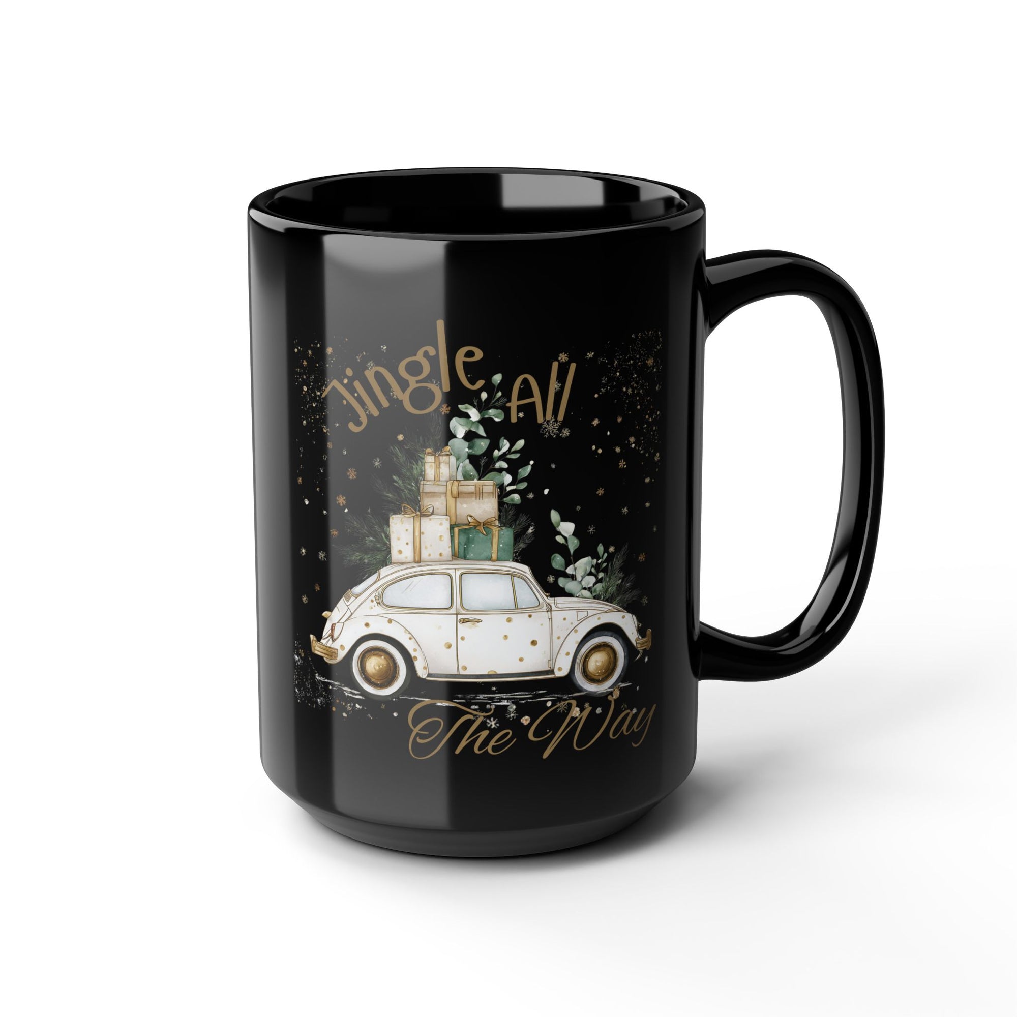 Jingle All The Way Retro Car Delivering Gifts - Black and Gold Mug