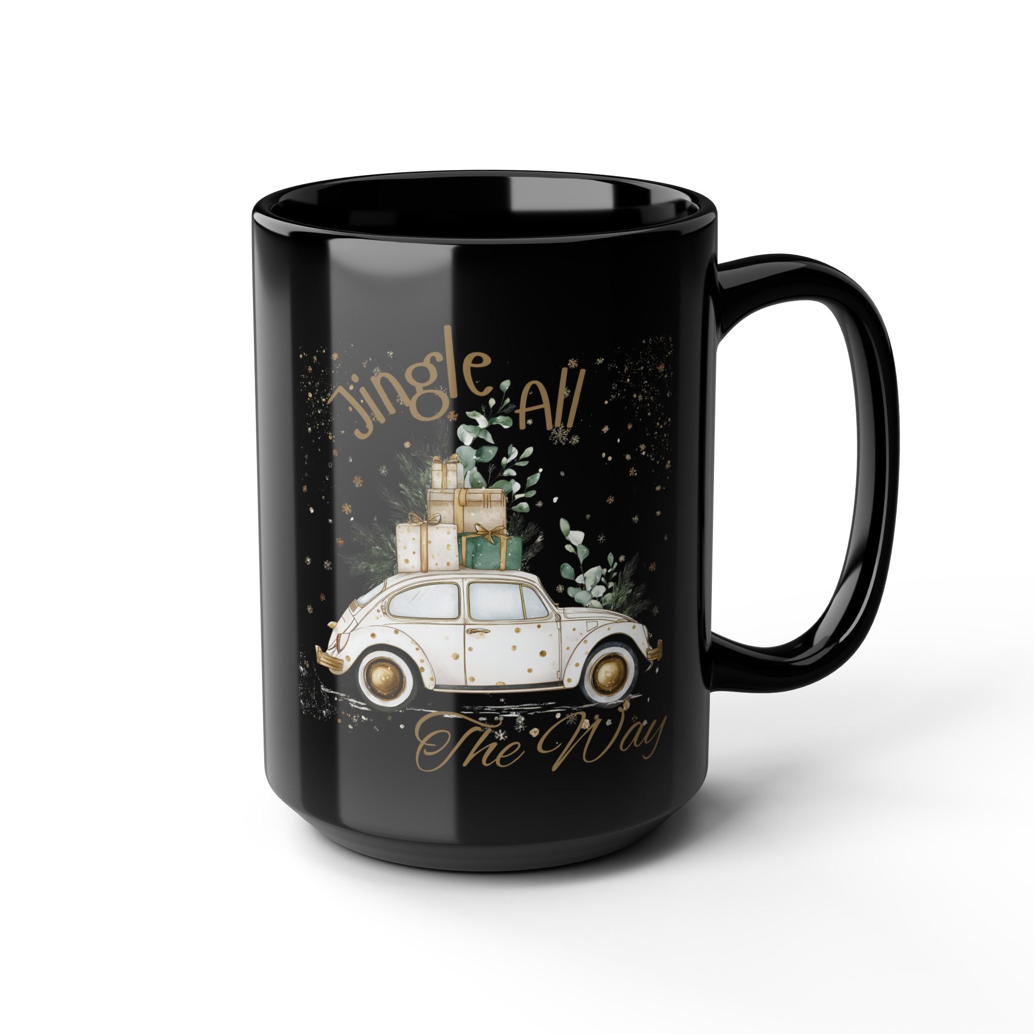 Jingle All The Way Retro Car Delivering Gifts - Black and Gold Mug