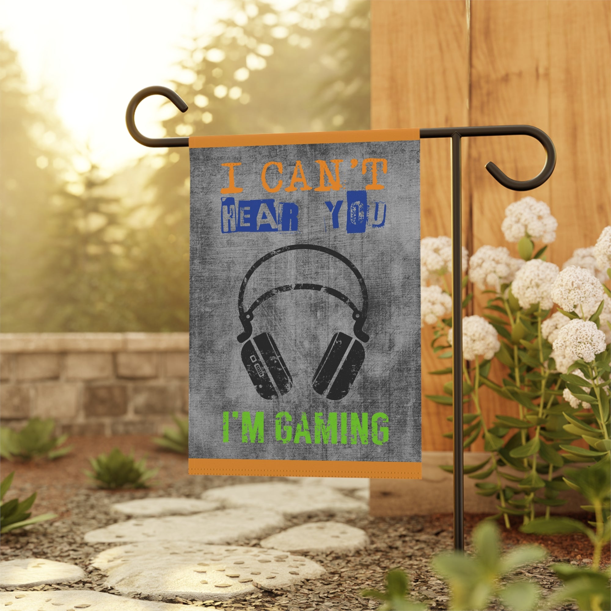 Funny gamer garden flag displayed outdoors on a teen porch flag stand