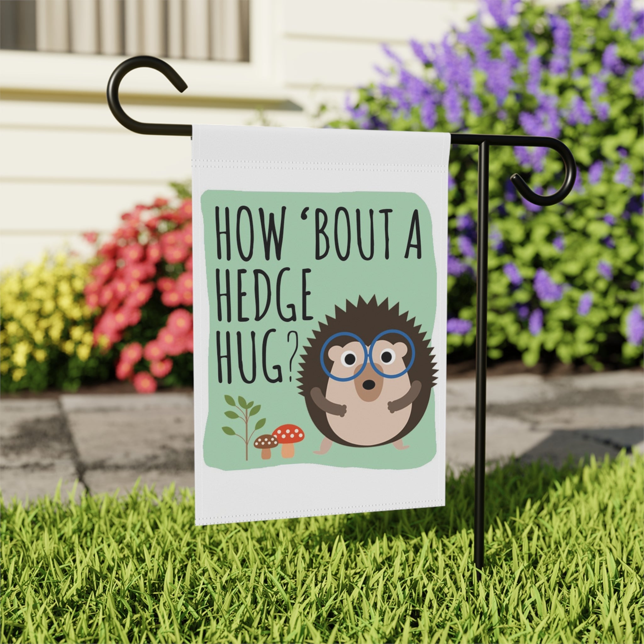 Close-up of How 'Bout A Hedge Hug? hedgehog garden flag with whimsical detail