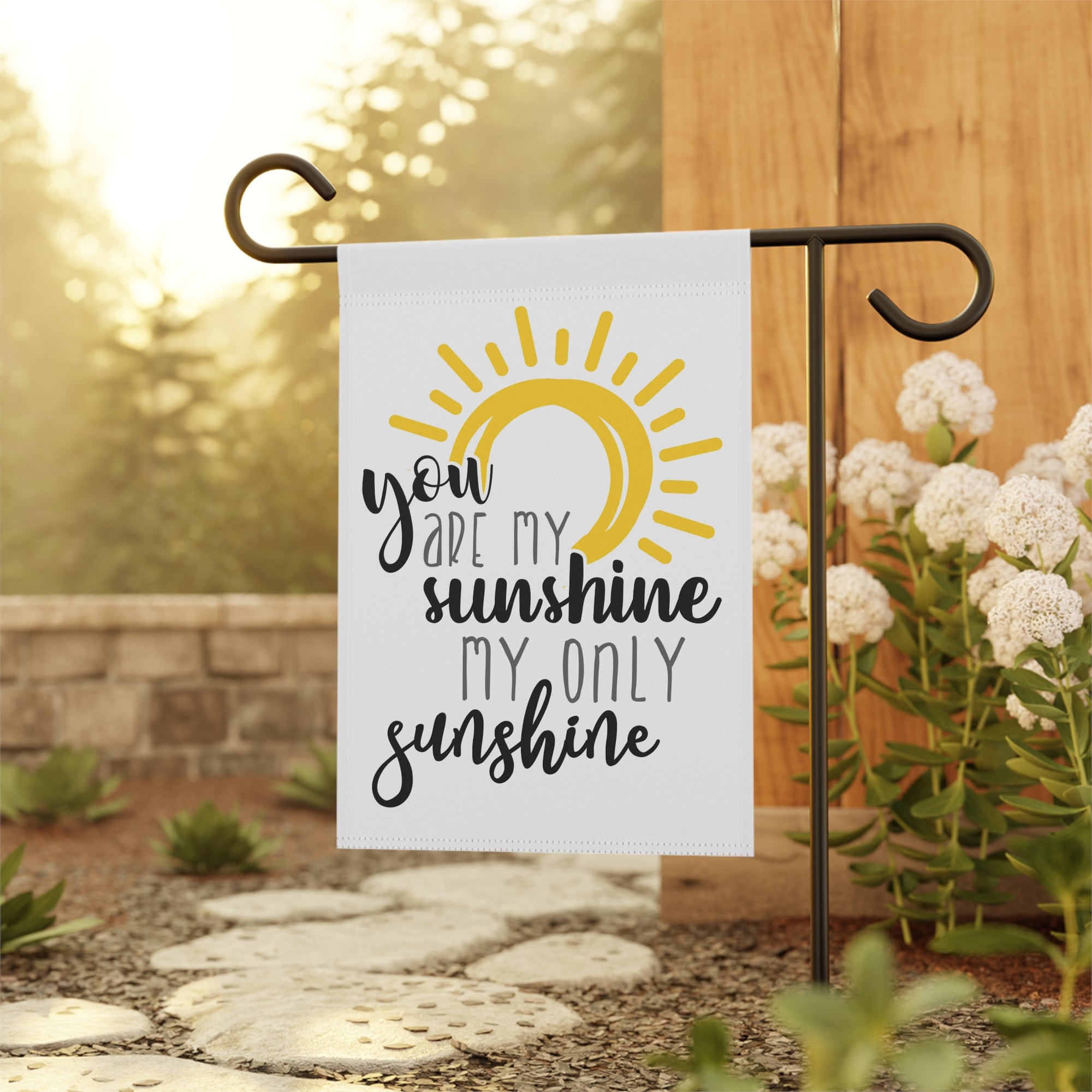 Sweet You Are My Sunshine garden flag displayed outdoors on a sunny porch