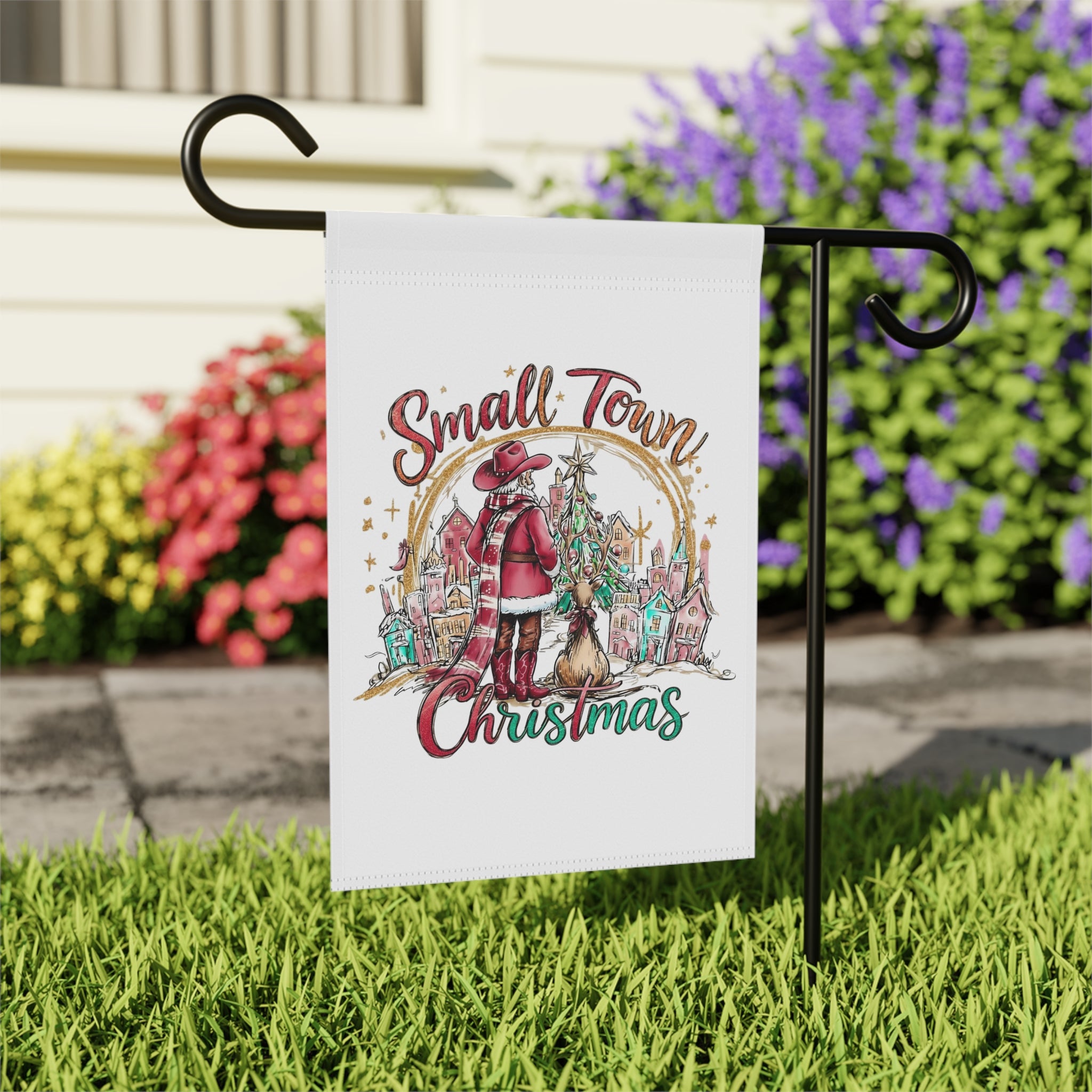 Small Town Christmas Garden Flag 12x18 – Cowboy Santa Winter House Yard Decor
