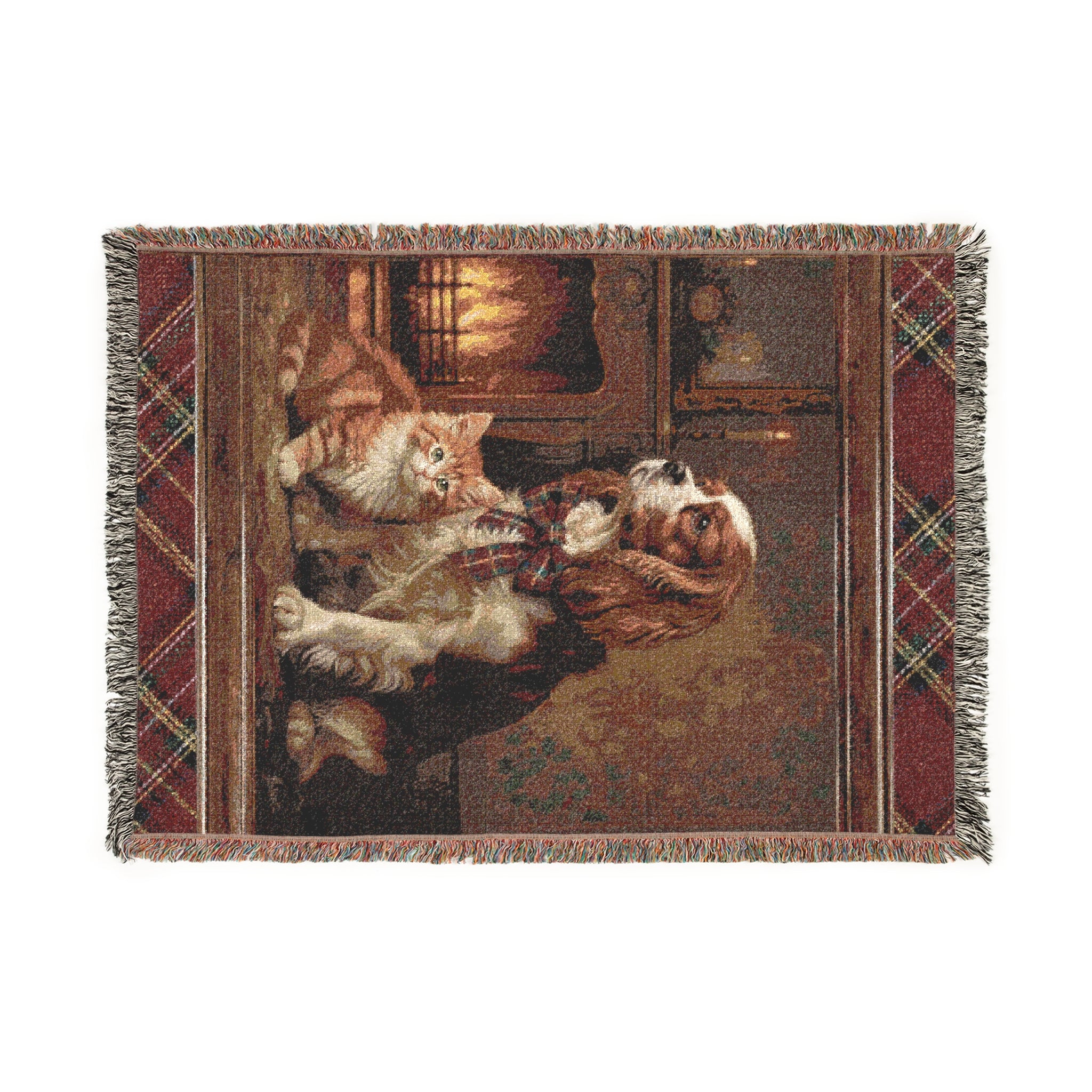 King Charles Spaniel with Kitten, Old World Heritage Style, Christmas Woven Blanket