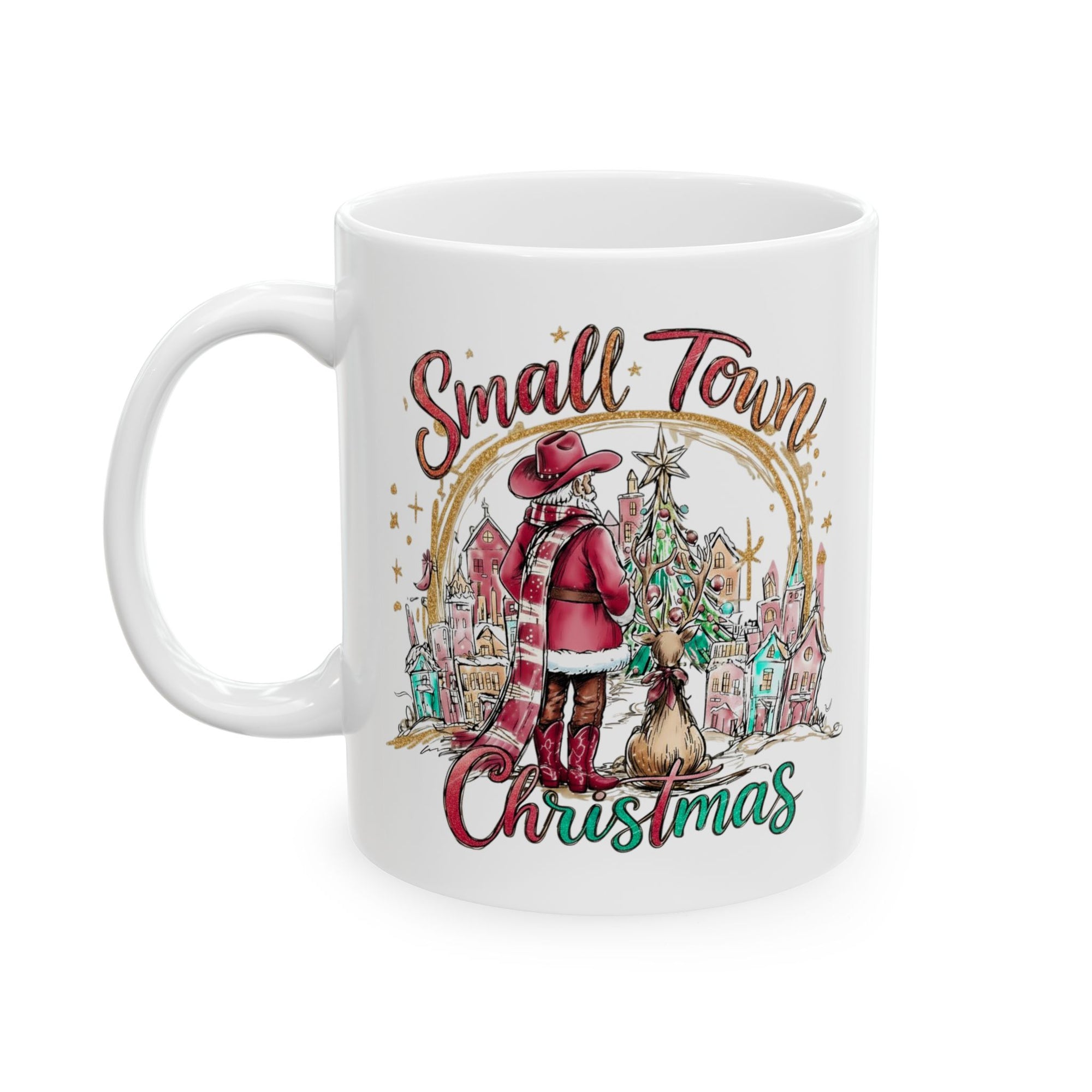 White mug with 'Small Town Christmas' design featuring a person in a coat and hat with a tree, on a white background.