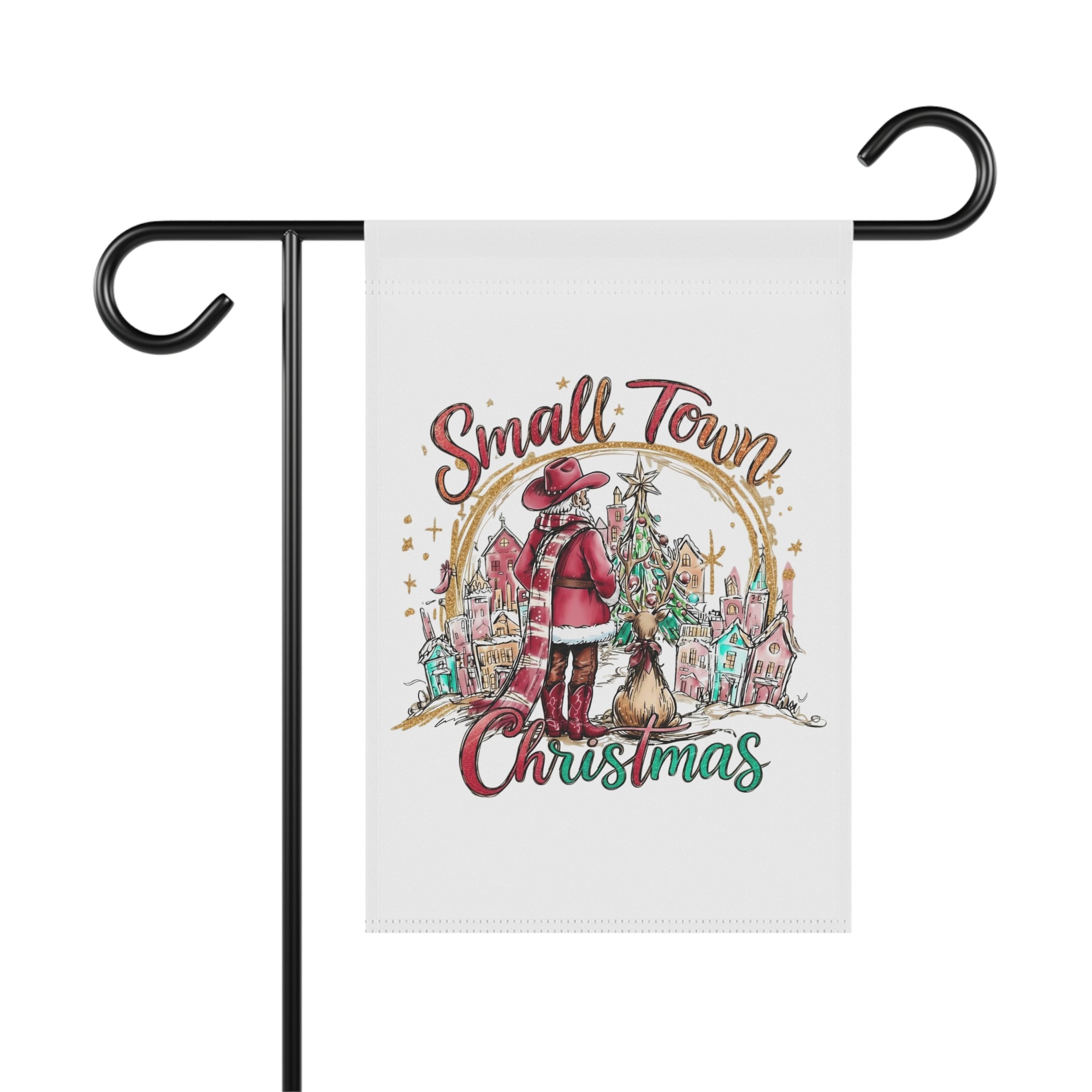 Small Town Christmas cowboy Santa winter garden flag, 12x18 yard decor