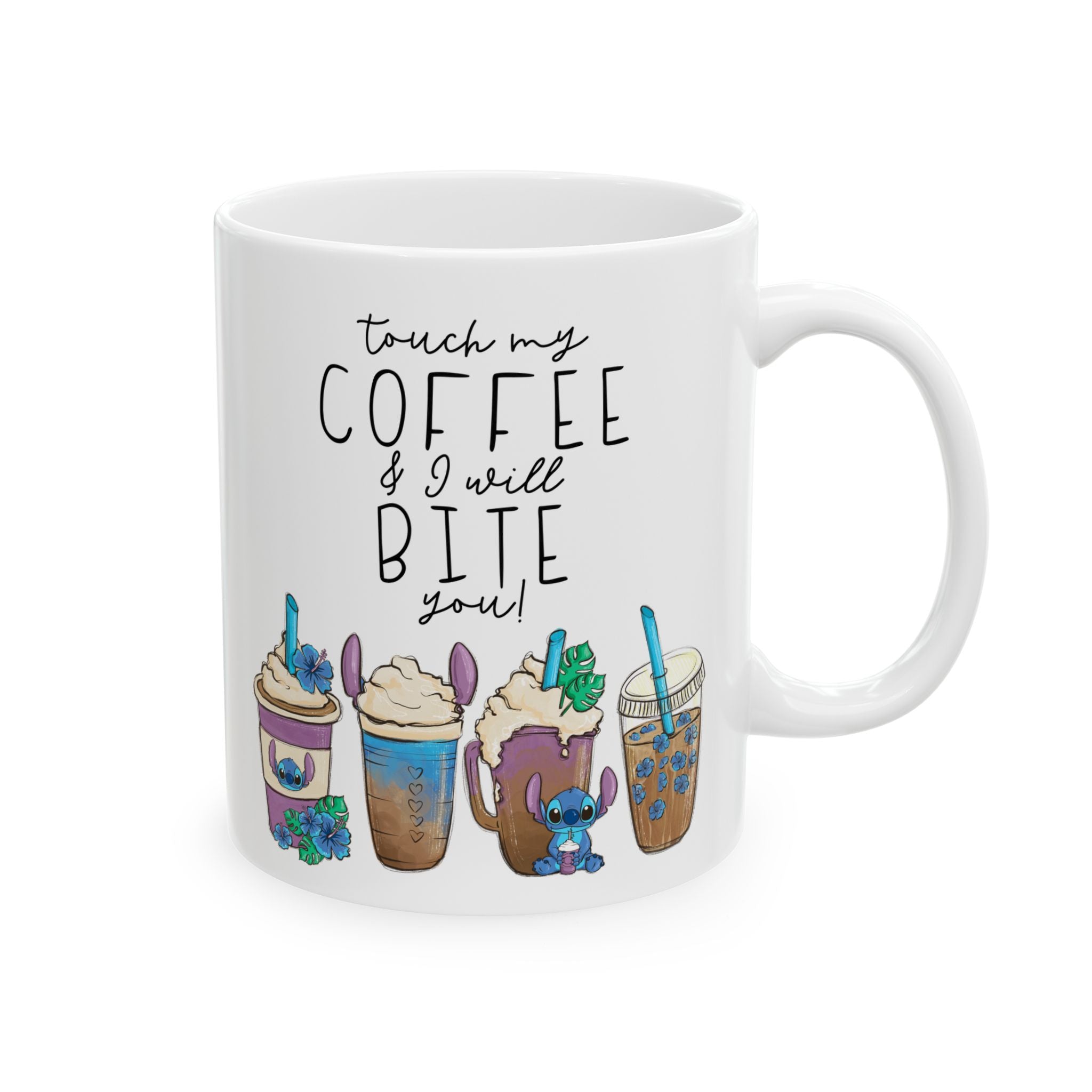 White mug with coffee-themed design and text on a white background